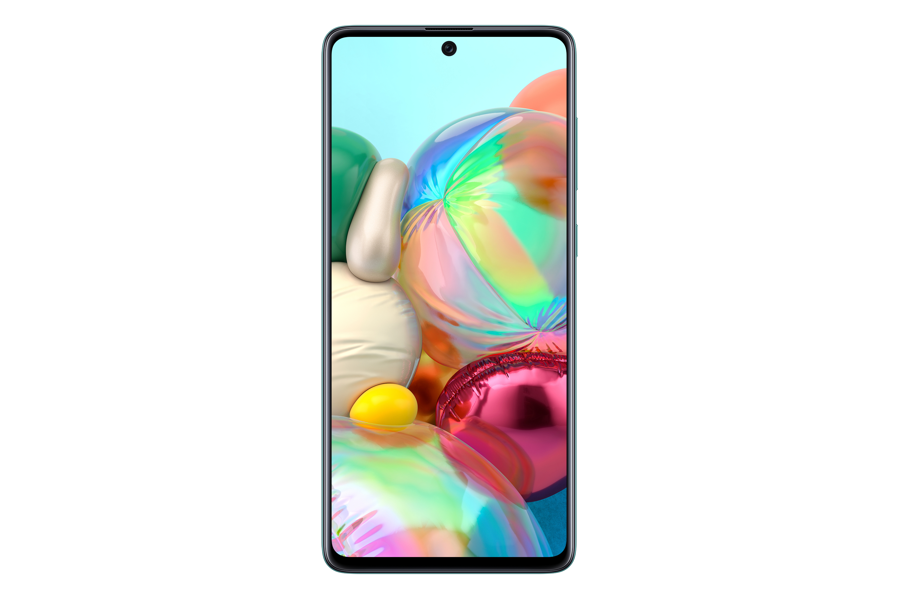 Vista frontale dello smartphone con display di palloncini colorati su sfondo bianco.