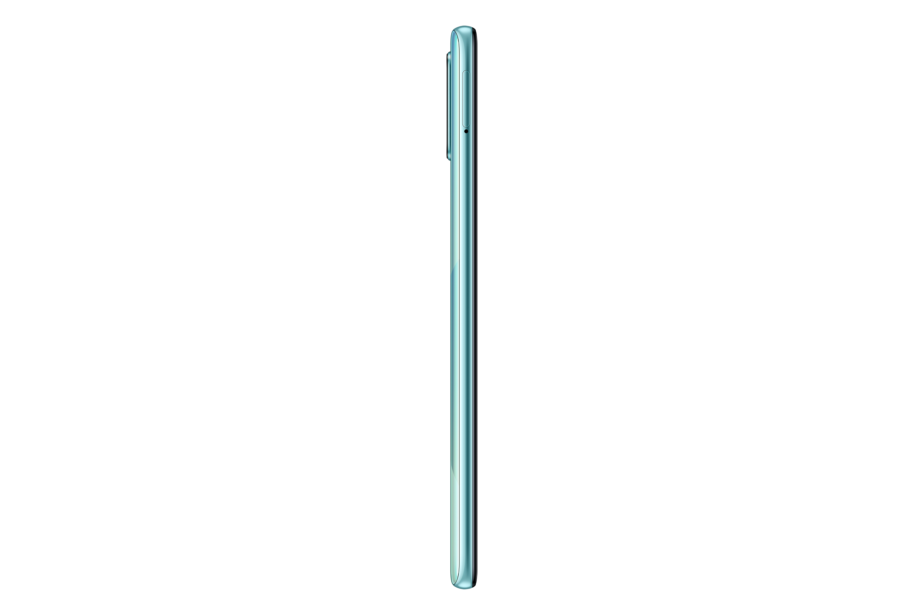 Una vista laterale di un telefono blu e verde.