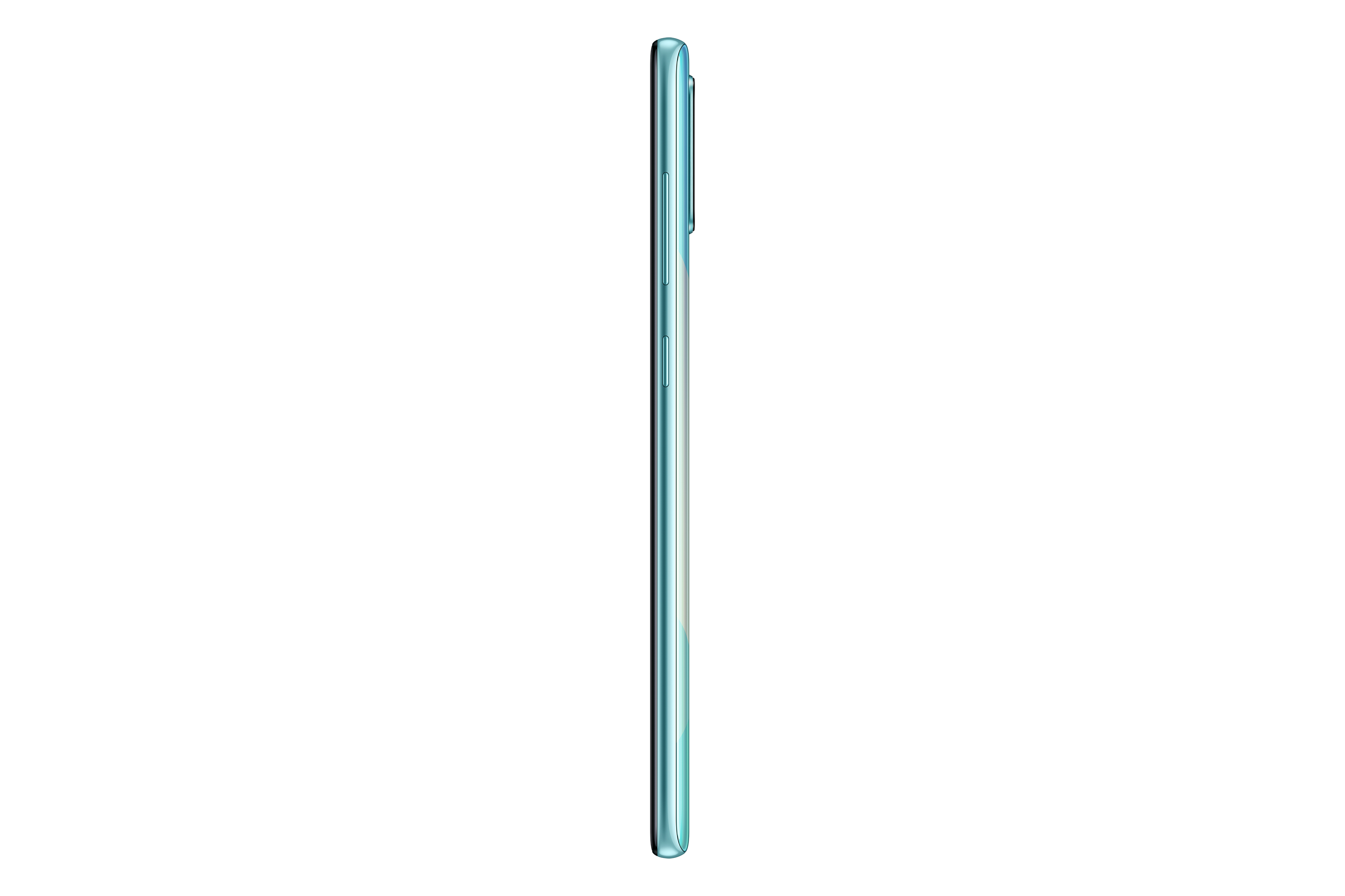 Vista laterale di un telefono con gradiente blu-verde, bordi neri, sfondo bianco.