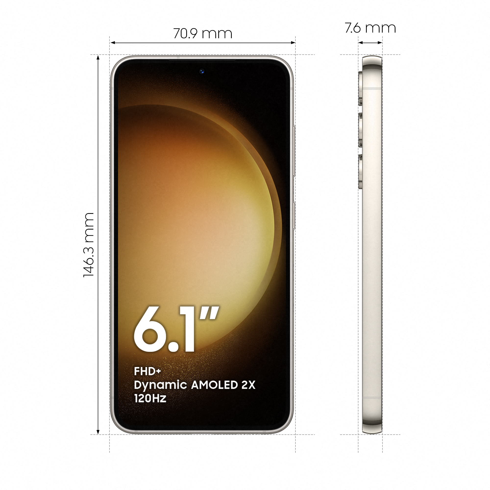 Smartphone mit Abmessungen. Vorderansicht mit 6,1" Display. Abmessungen in mm. 7,6 mm dick.