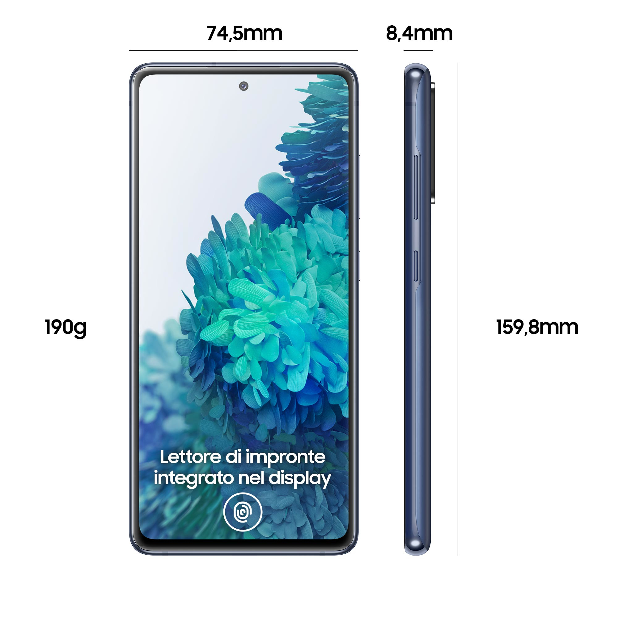 Dimensiones del smartphone. Vista frontal y lateral, con dimensiones etiquetadas.
