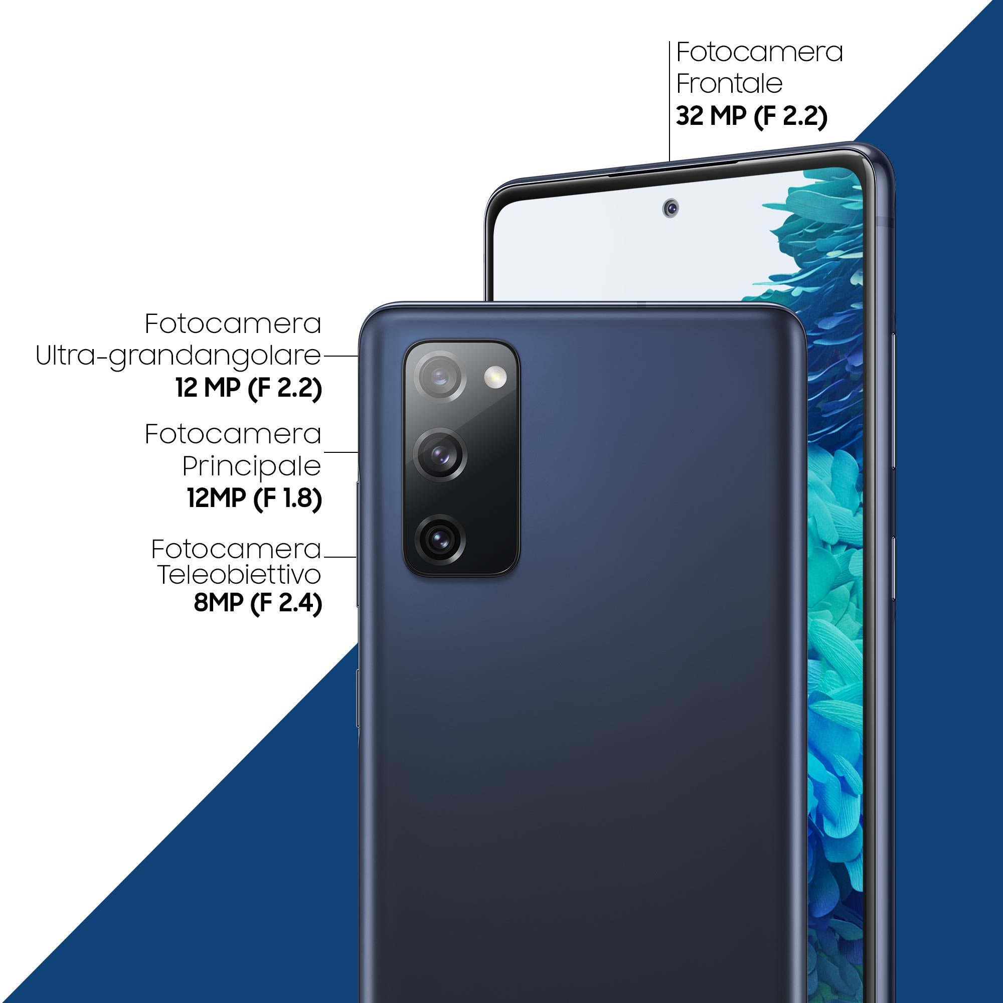 Primer plano de un smartphone azul mostrando la parte trasera con detalles de la cámara.