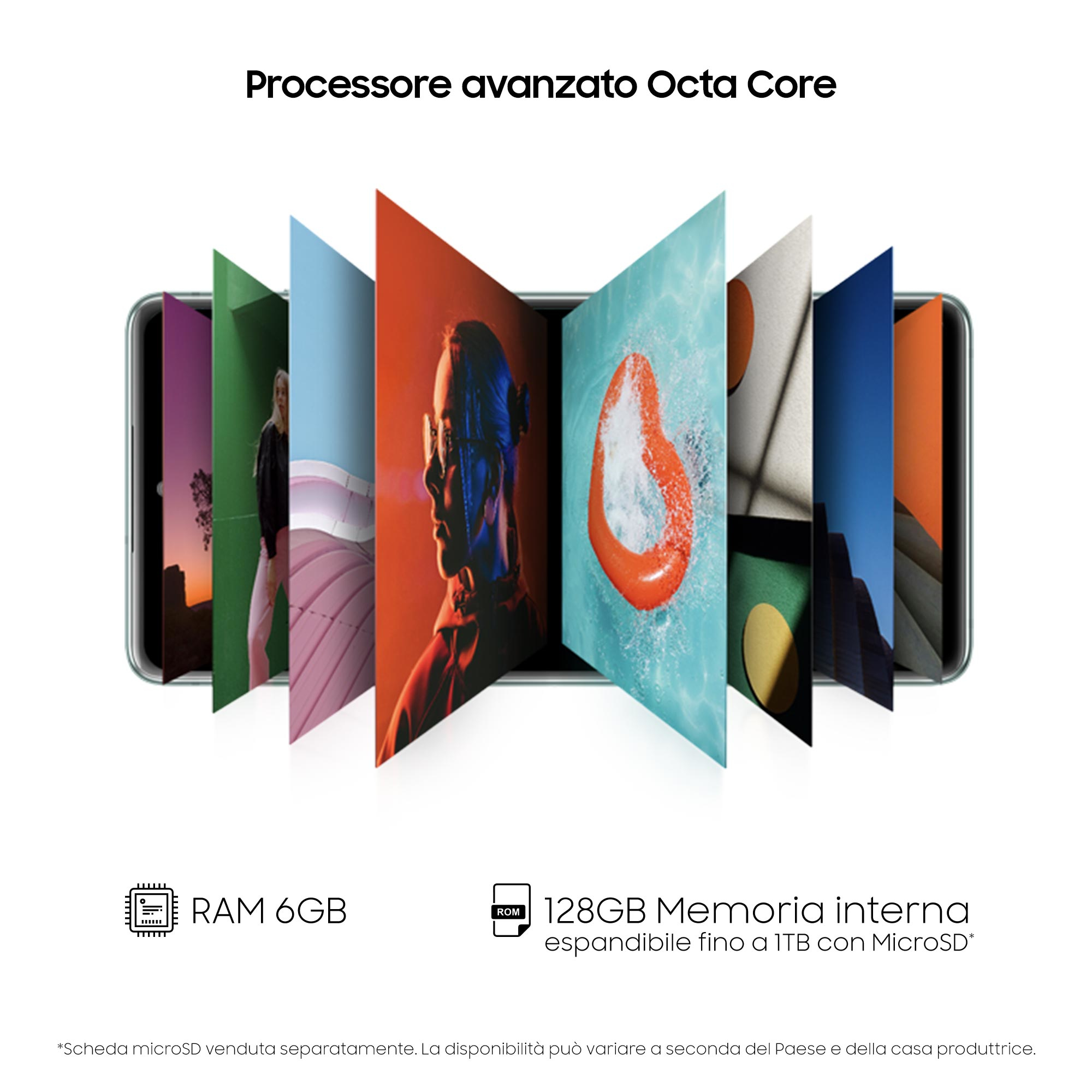 Teléfono con gráficos coloridos y texto sobre RAM, memoria y procesador.
