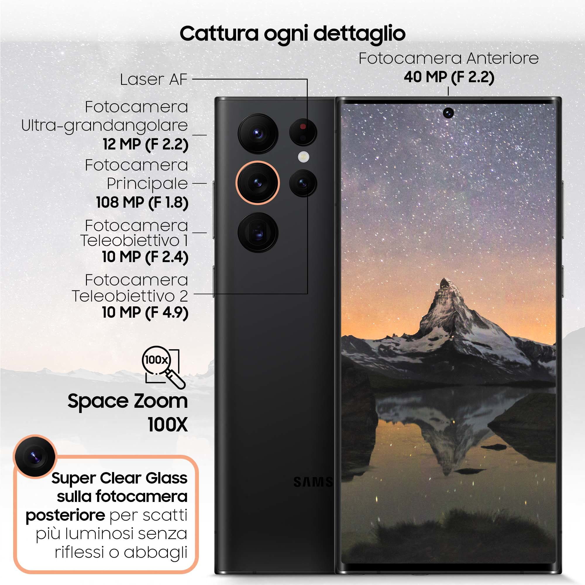 Ein schwarzes Smartphone, das die Rück- und Frontkamerafunktionen zeigt.