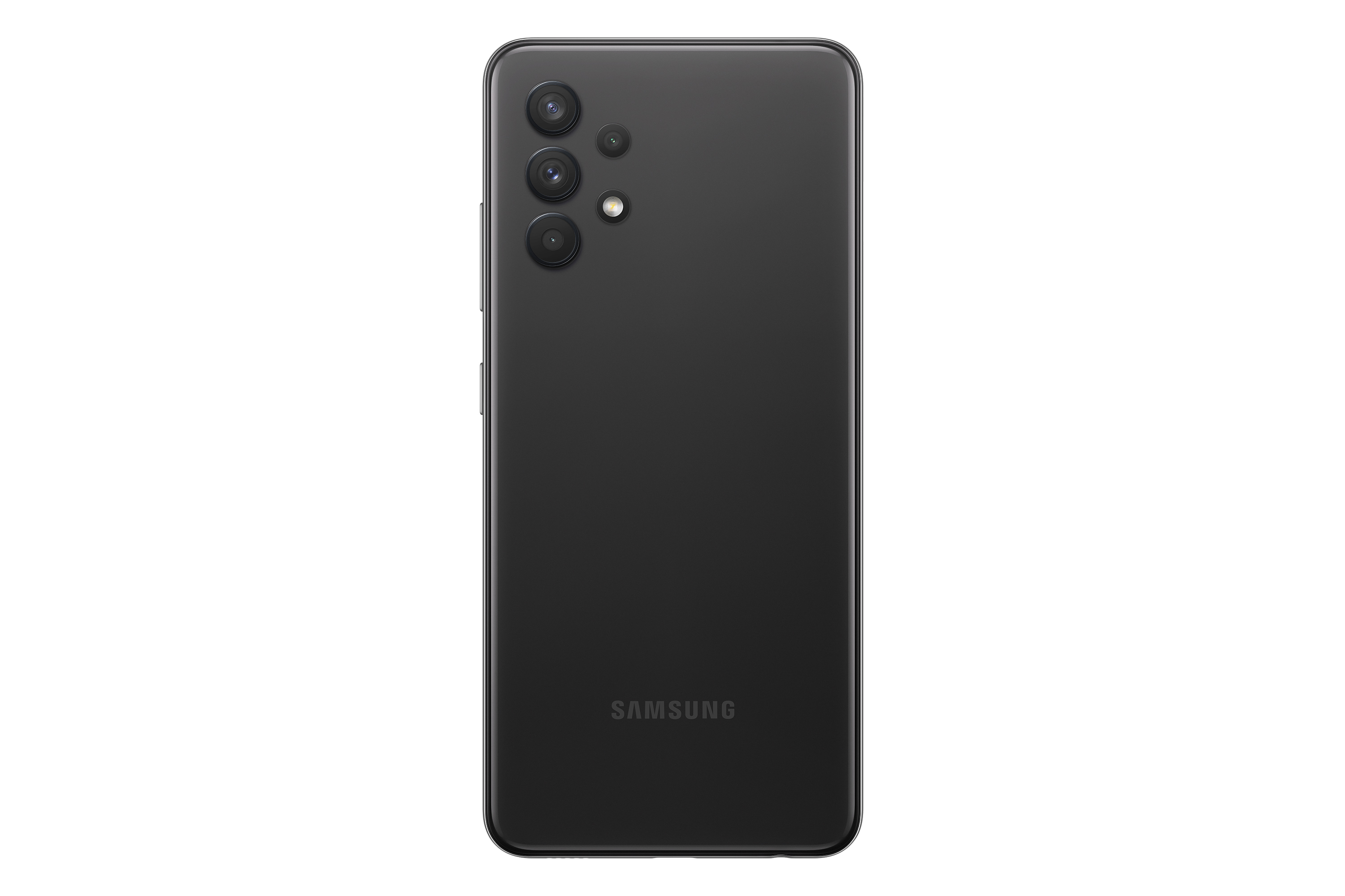 Parte trasera de smartphone negro con cámaras. Tiene el logotipo de Samsung y tres lentes de cámara.