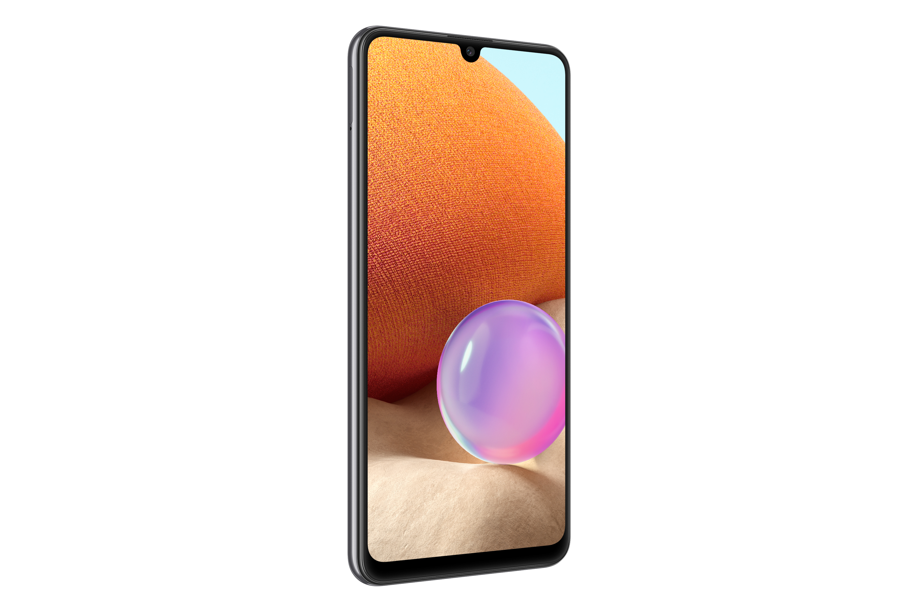 Smartphone con pantalla degradada naranja y azul. Marco negro. Fondo blanco.