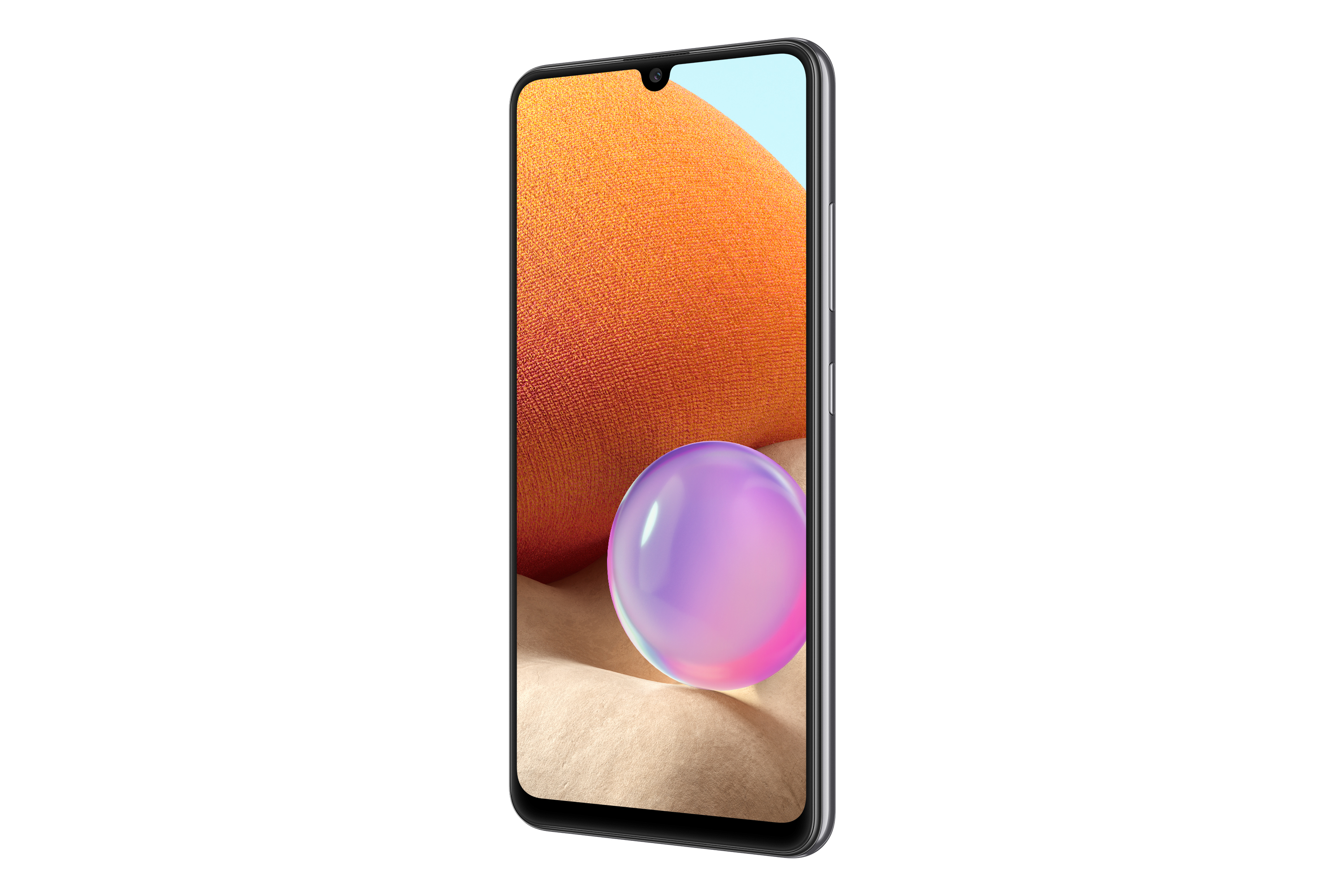 Smartphone morado, pantalla muestra esfera naranja y morada, vista en ángulo.