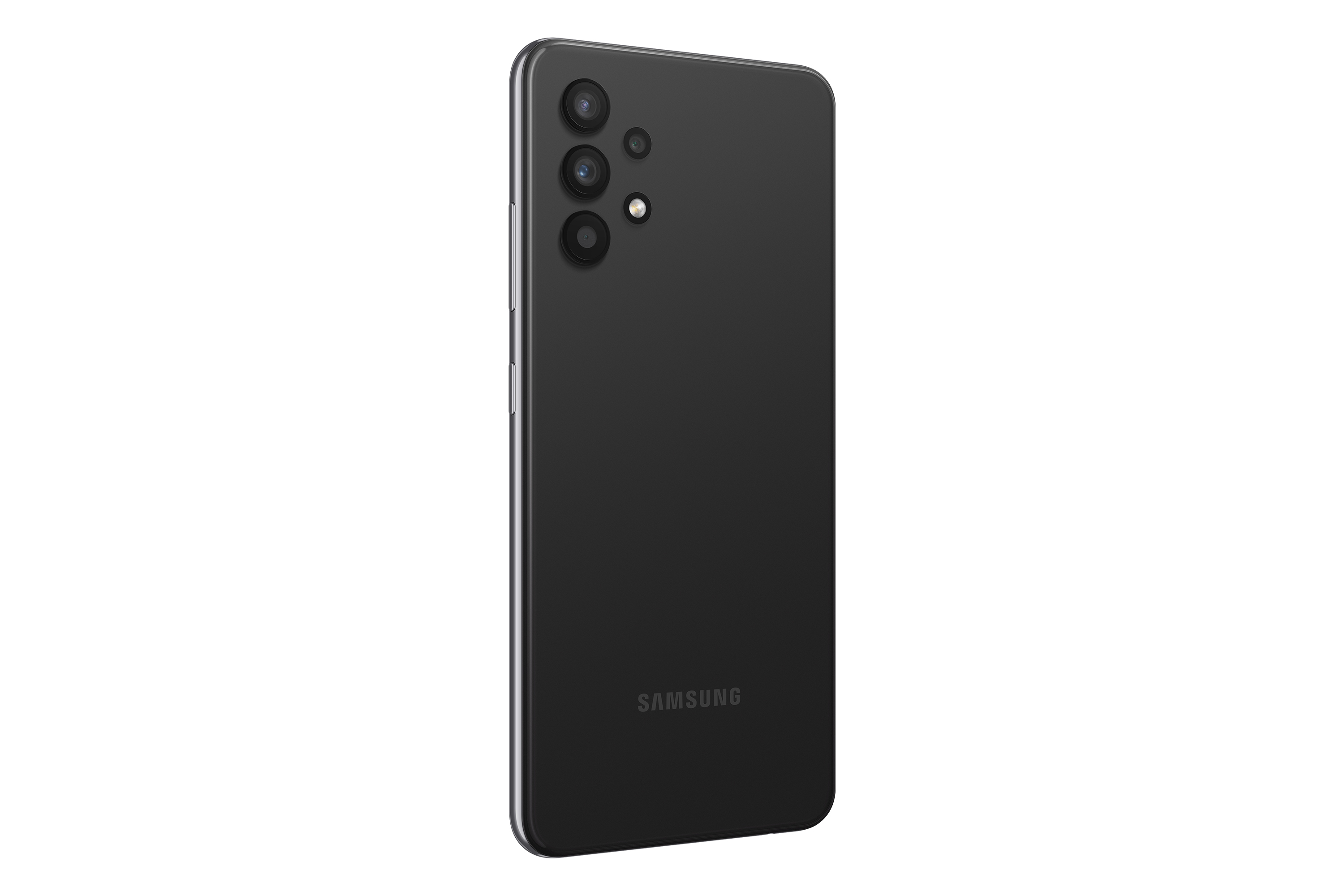 Parte trasera de teléfono negro con tres cámaras y logo SAMSUNG.