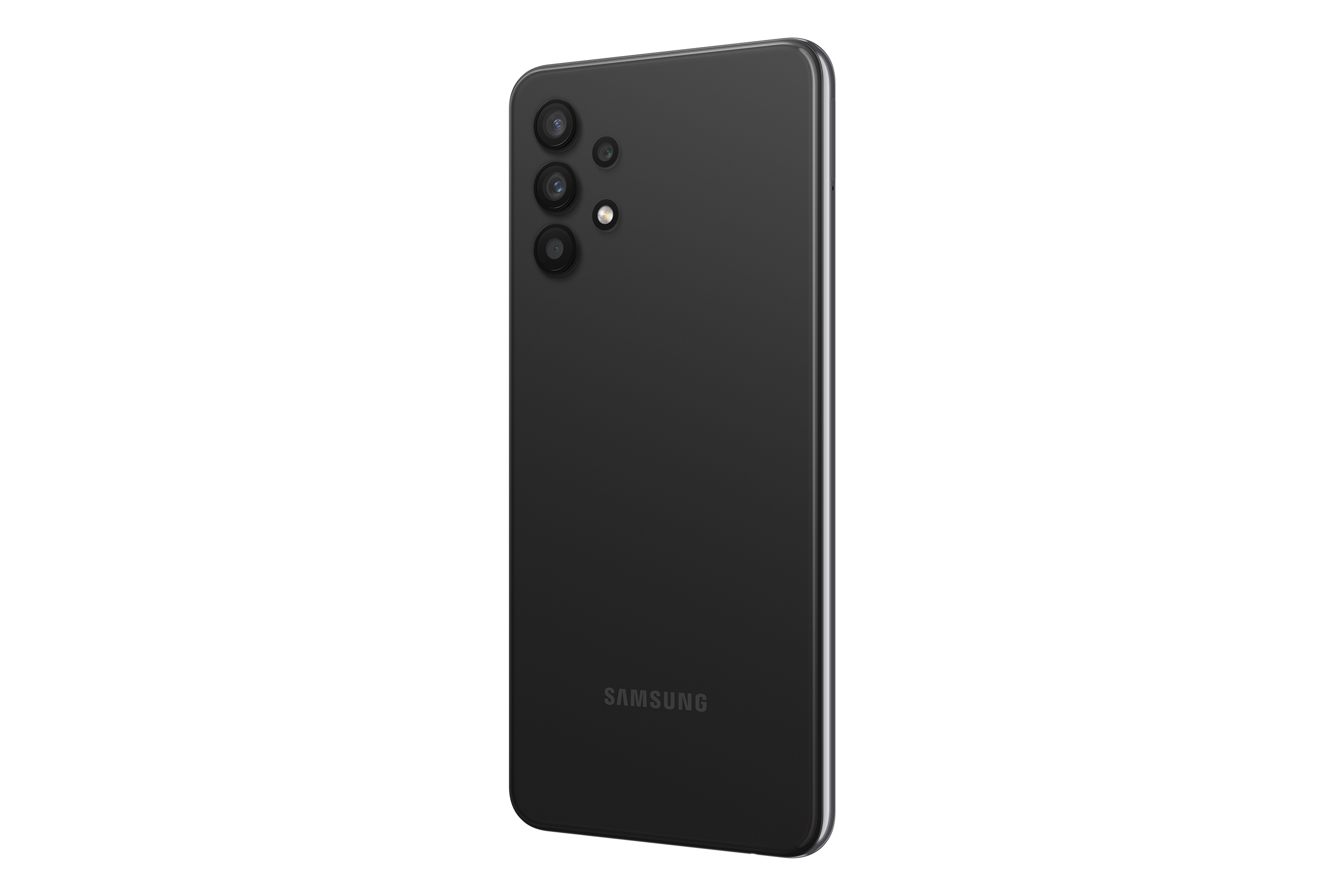 Parte trasera de teléfono negro. Tres cámaras y logotipo de Samsung visibles. Borde morado claro.