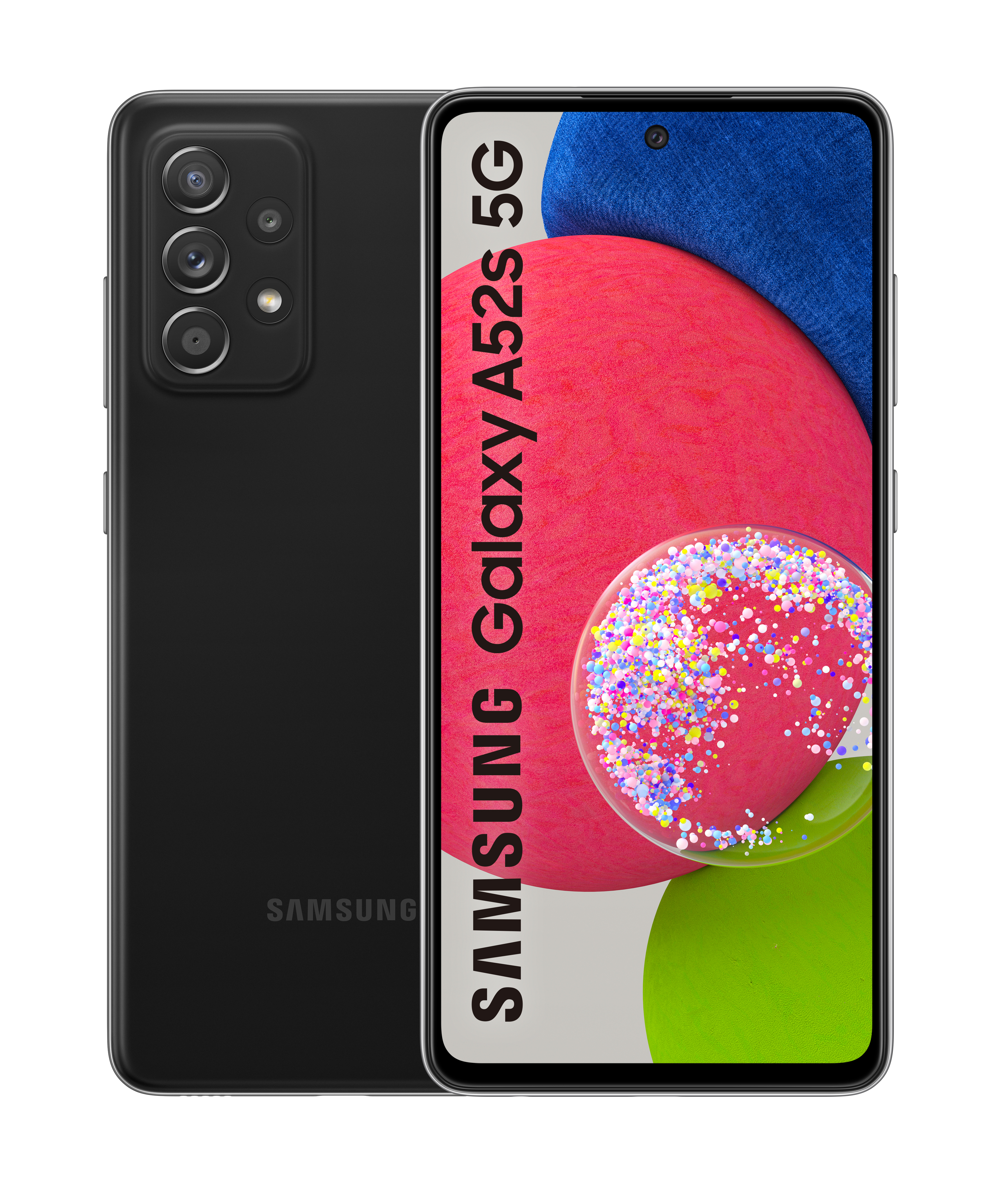 Ein schwarzes Smartphone mit einem farbenfrohen Bildschirm, der einen roten, blauen und weißen Hintergrund zeigt.