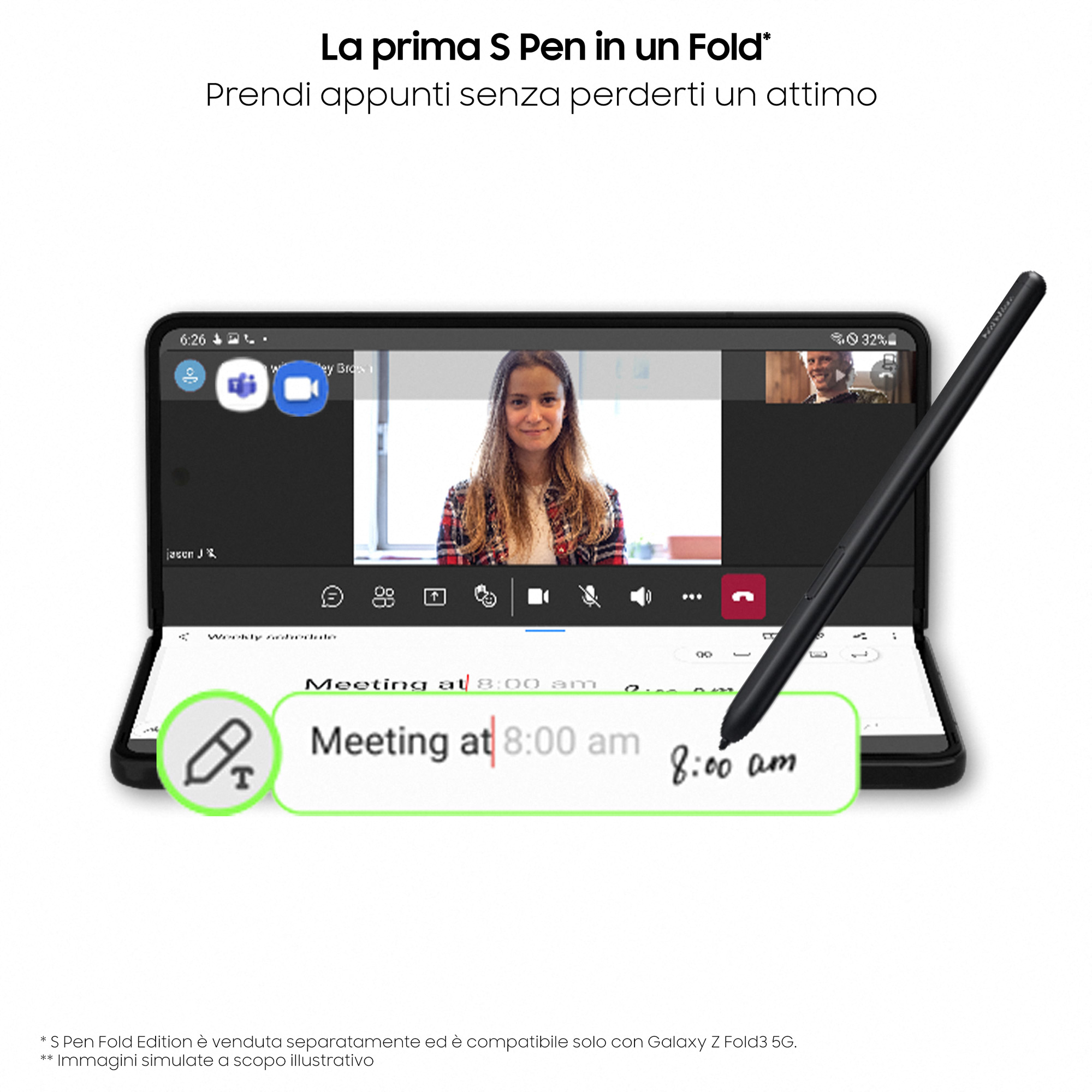 Złożony smartfon z rozmową wideo i notatkami. S Pen pisze na ekranie.