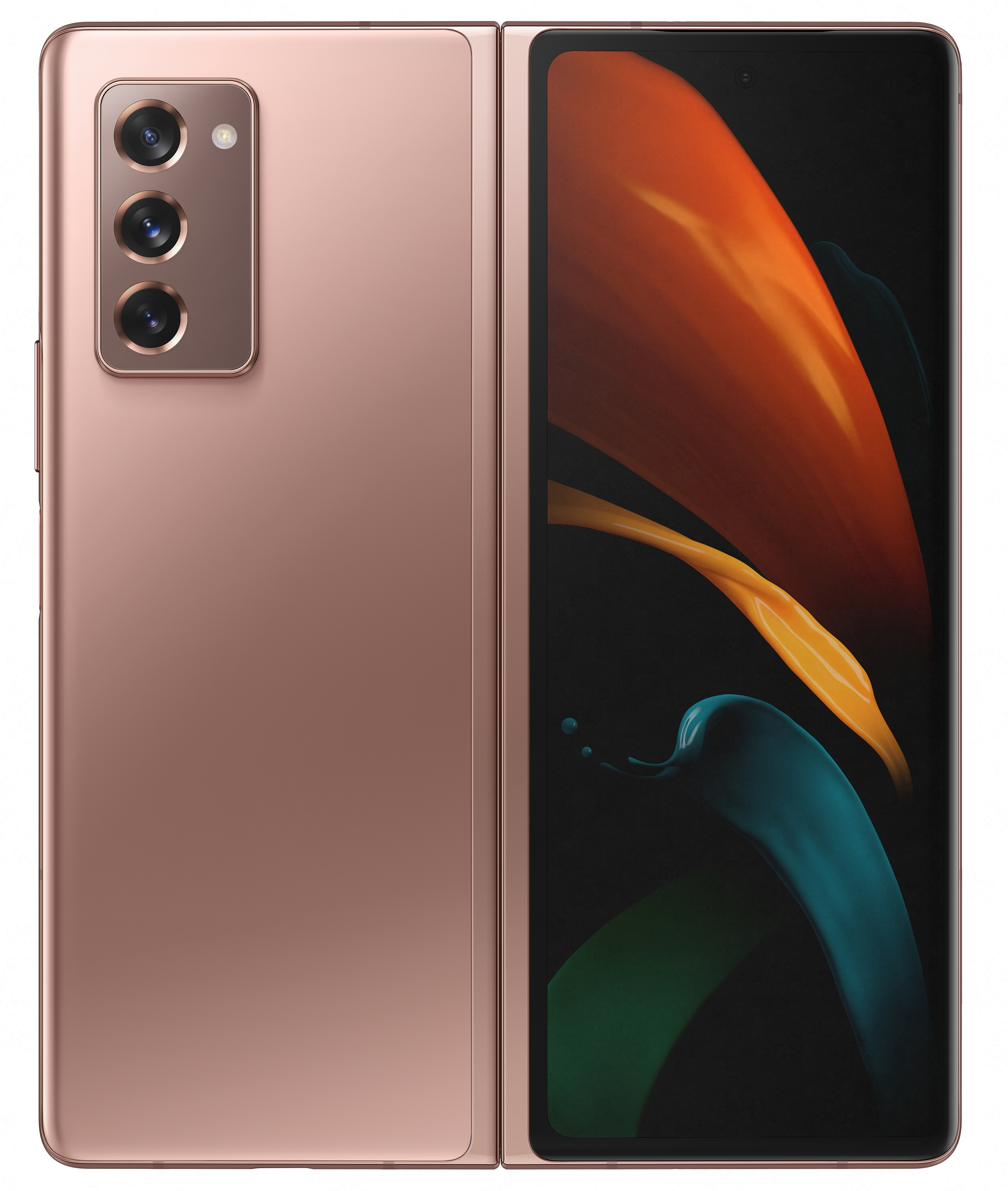 Roségoldenes Falttelefon, offen, orangefarbener und türkisfarbener Bildschirm.