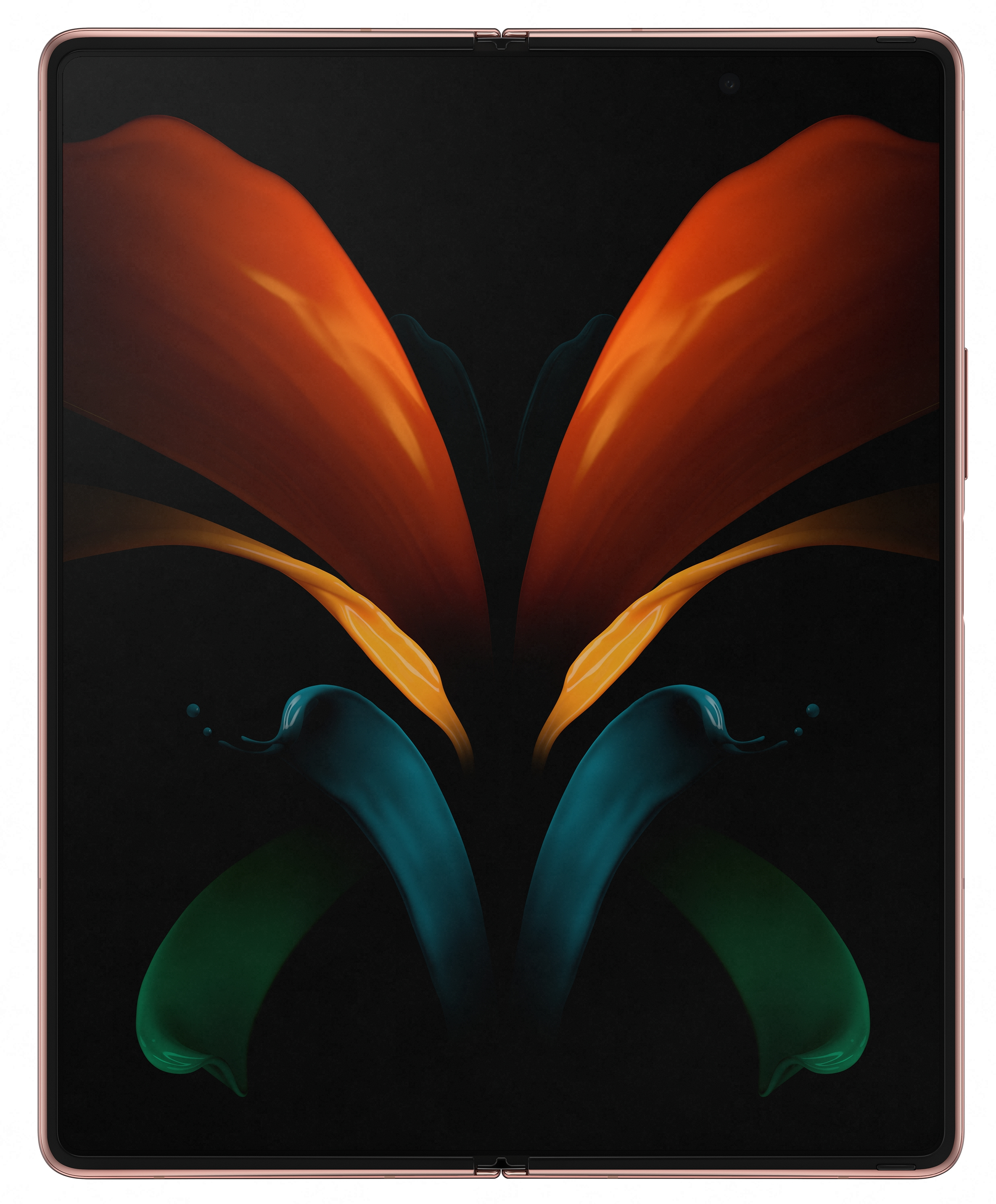 Aufgeklapptes faltbares Telefon mit dunklem Bildschirm und abstraktem Design in Orange und Blau.