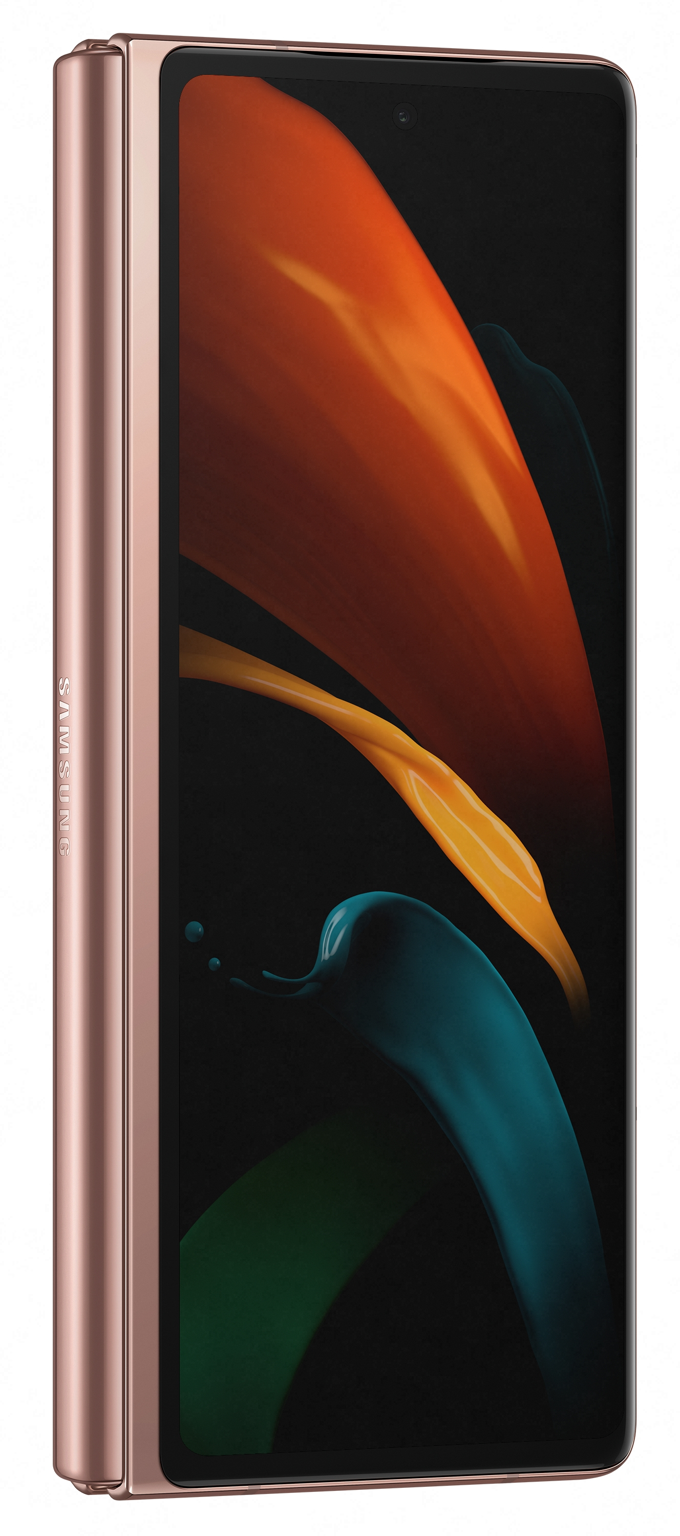 Faltbares Telefon gefaltet, roségoldene Farbe. Schwarzer Bildschirm mit abstrakter Kunst. Weißer Hintergrund.