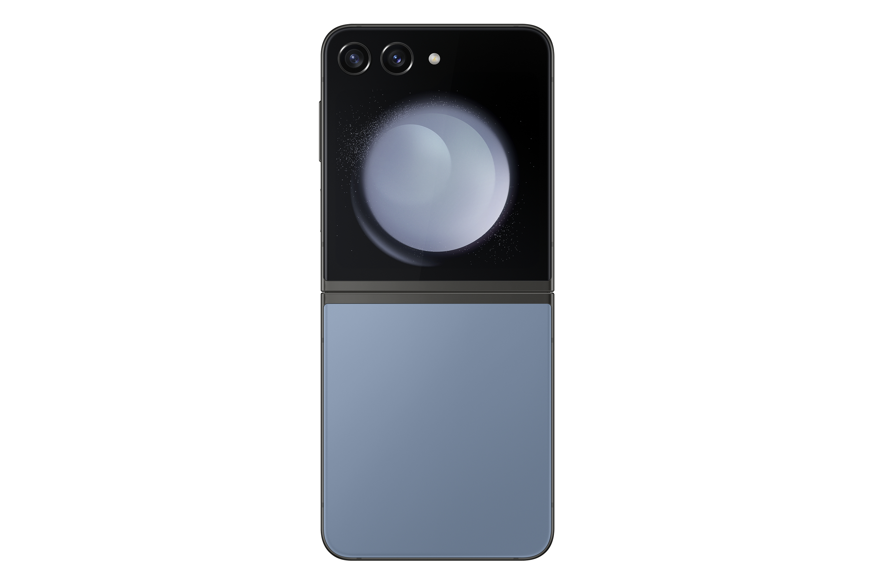 Die Rückseite eines faltbaren Telefons in blauer Farbe. Das Telefon ist halb gefaltet.