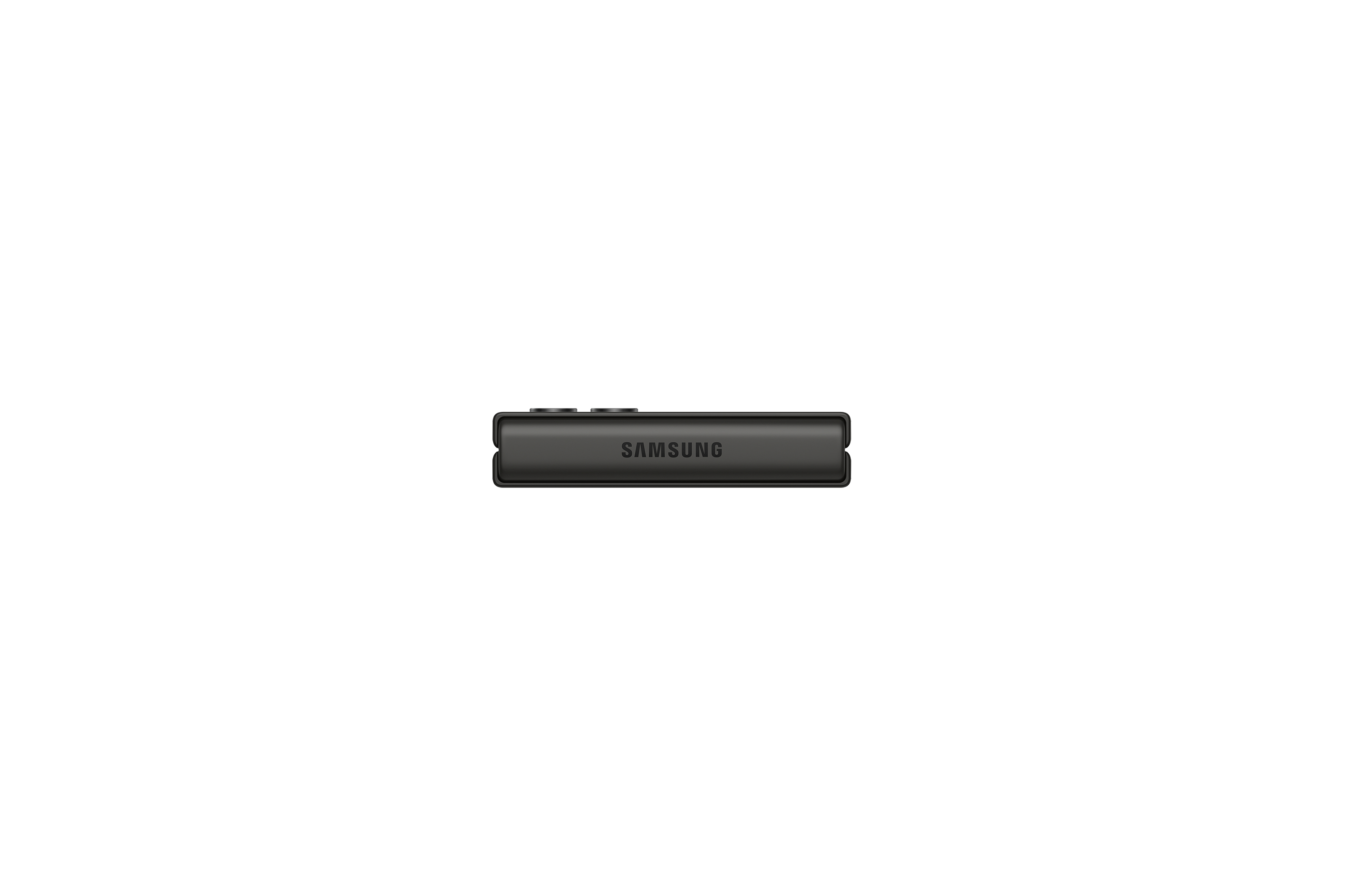 Teléfono negro plegado, logo Samsung en la parte inferior.