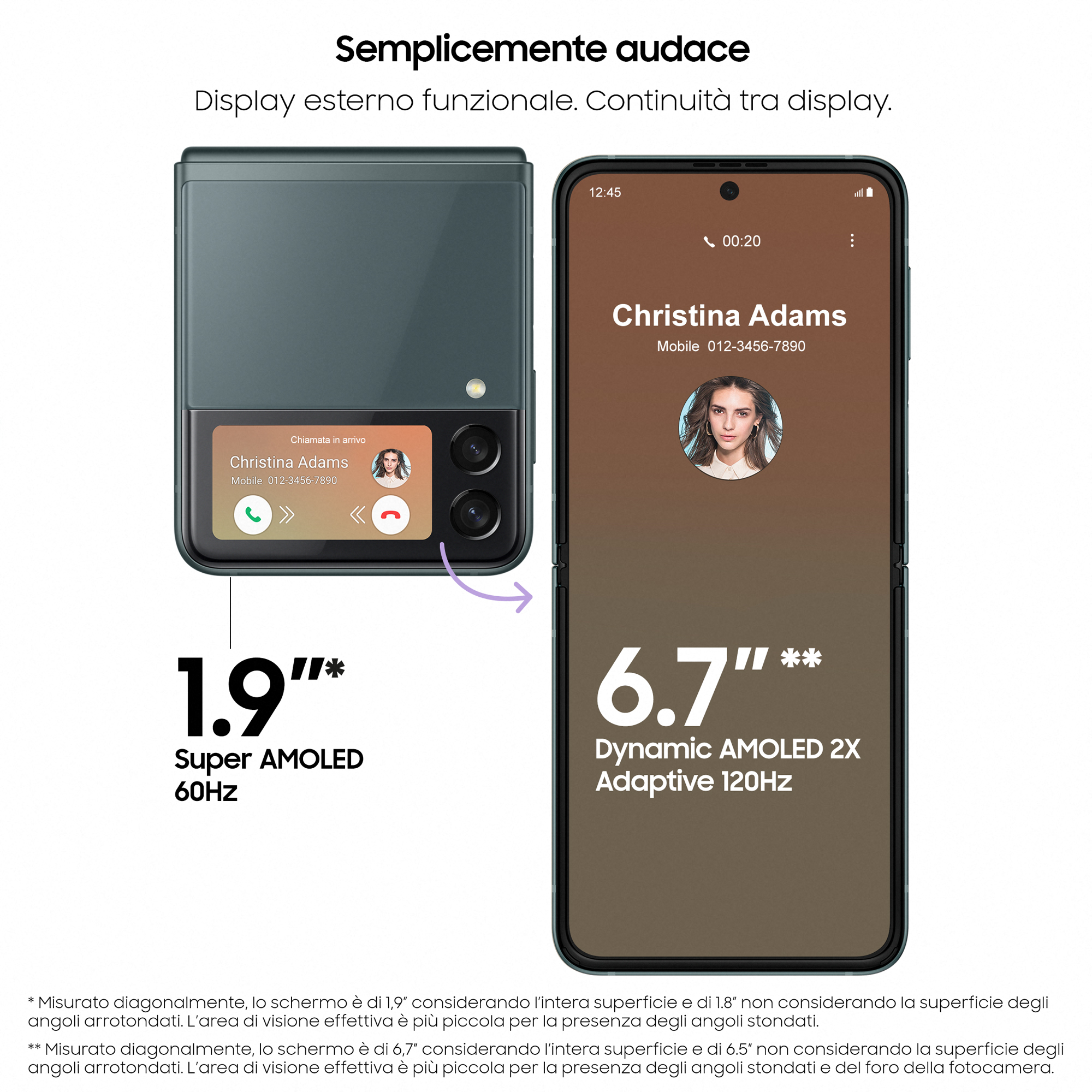 Rozłożony składany smartfon. Wyświetla informacje o połączeniu na małym ekranie i połączenie na głównym.