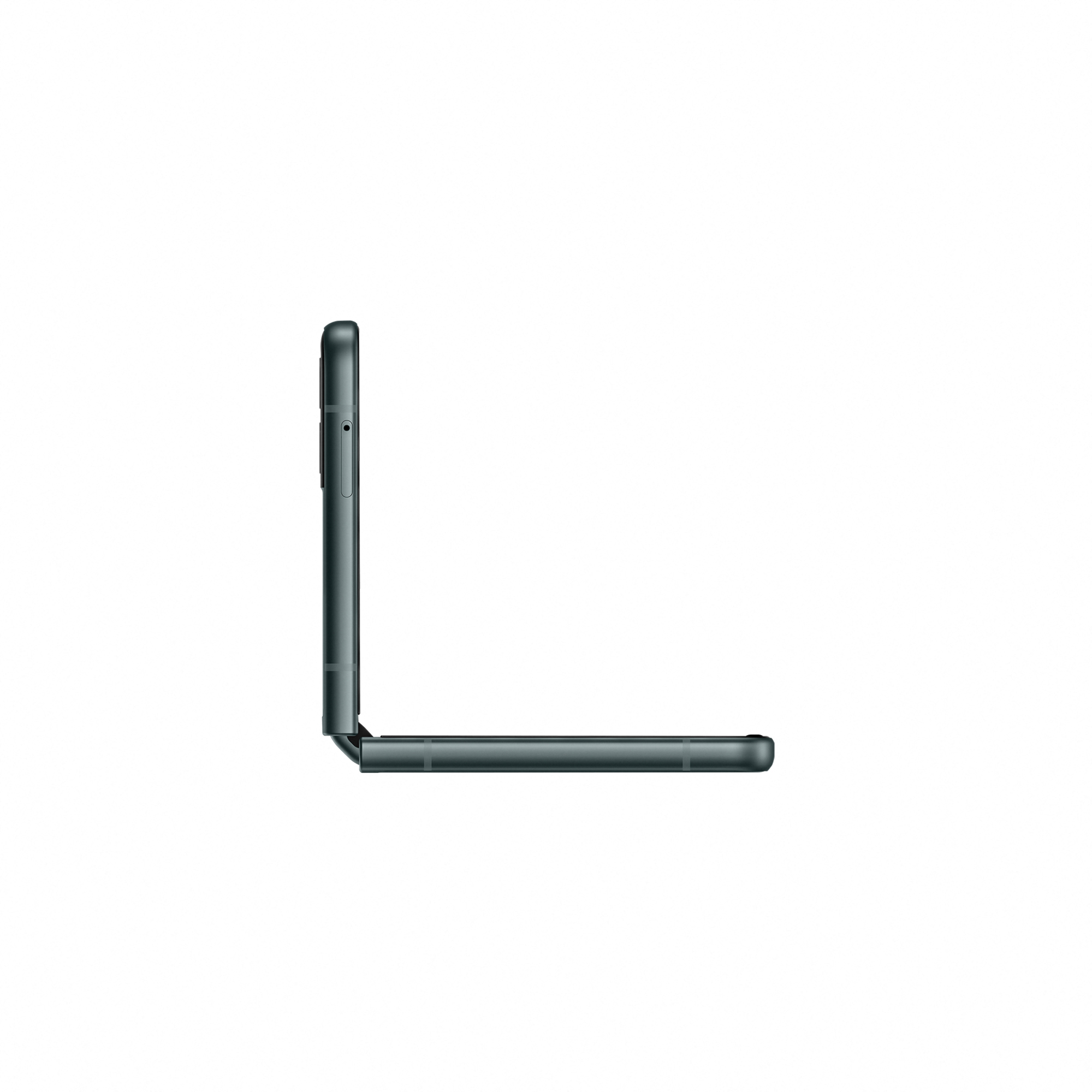 Smartfon złożony, widok z boku, ciemnoszary kolor. Pokazuje złożoną formę urządzenia.