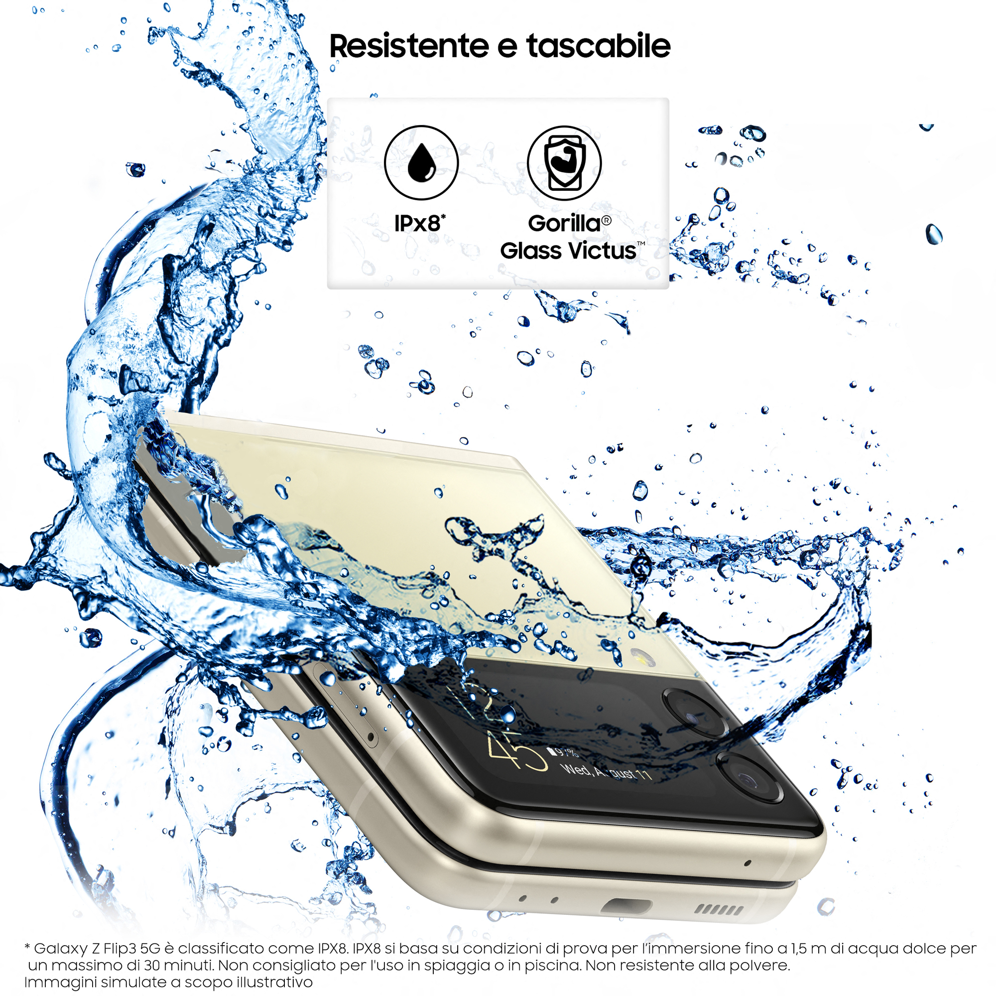 Składany telefon w wodzie, pokazujący etykiety IPX8 i Gorilla Glass.
