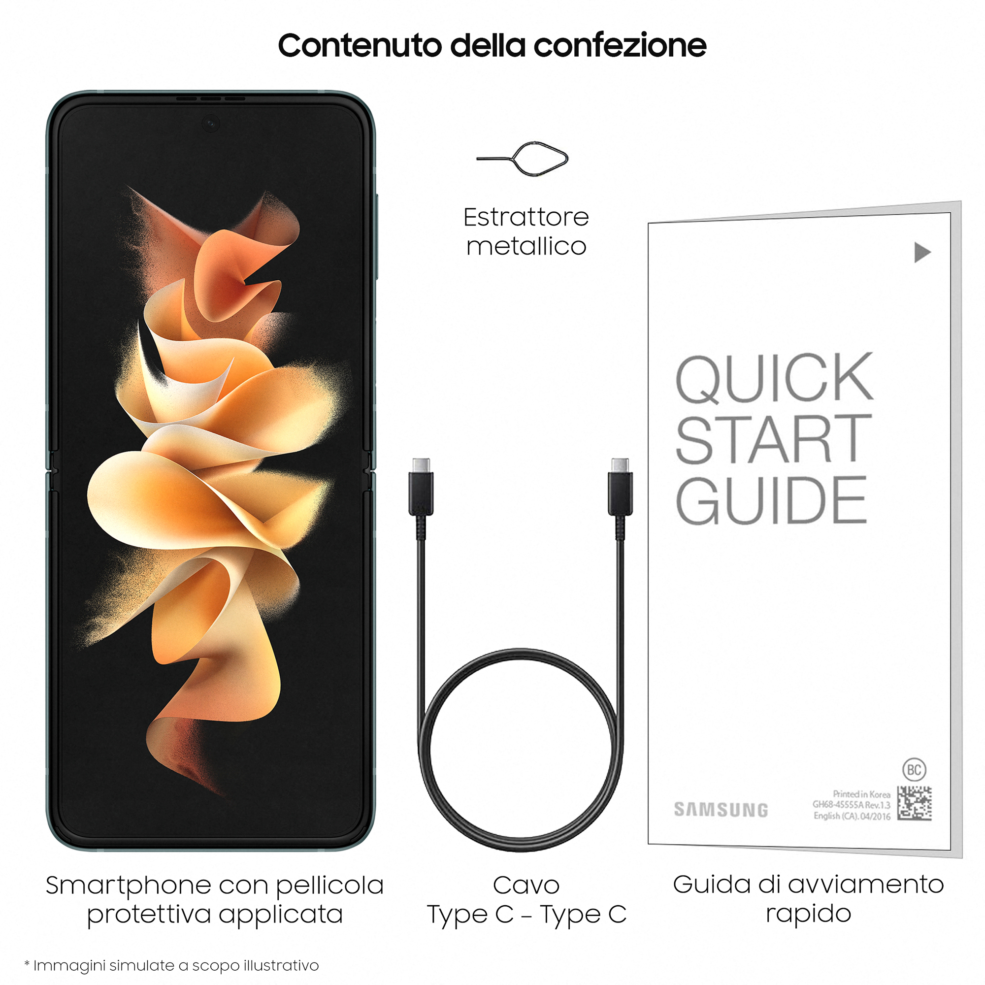 Rozpakowany telefon Samsung z folią ochronną, kablem do ładowania, wyrzutnikiem SIM i instrukcją.