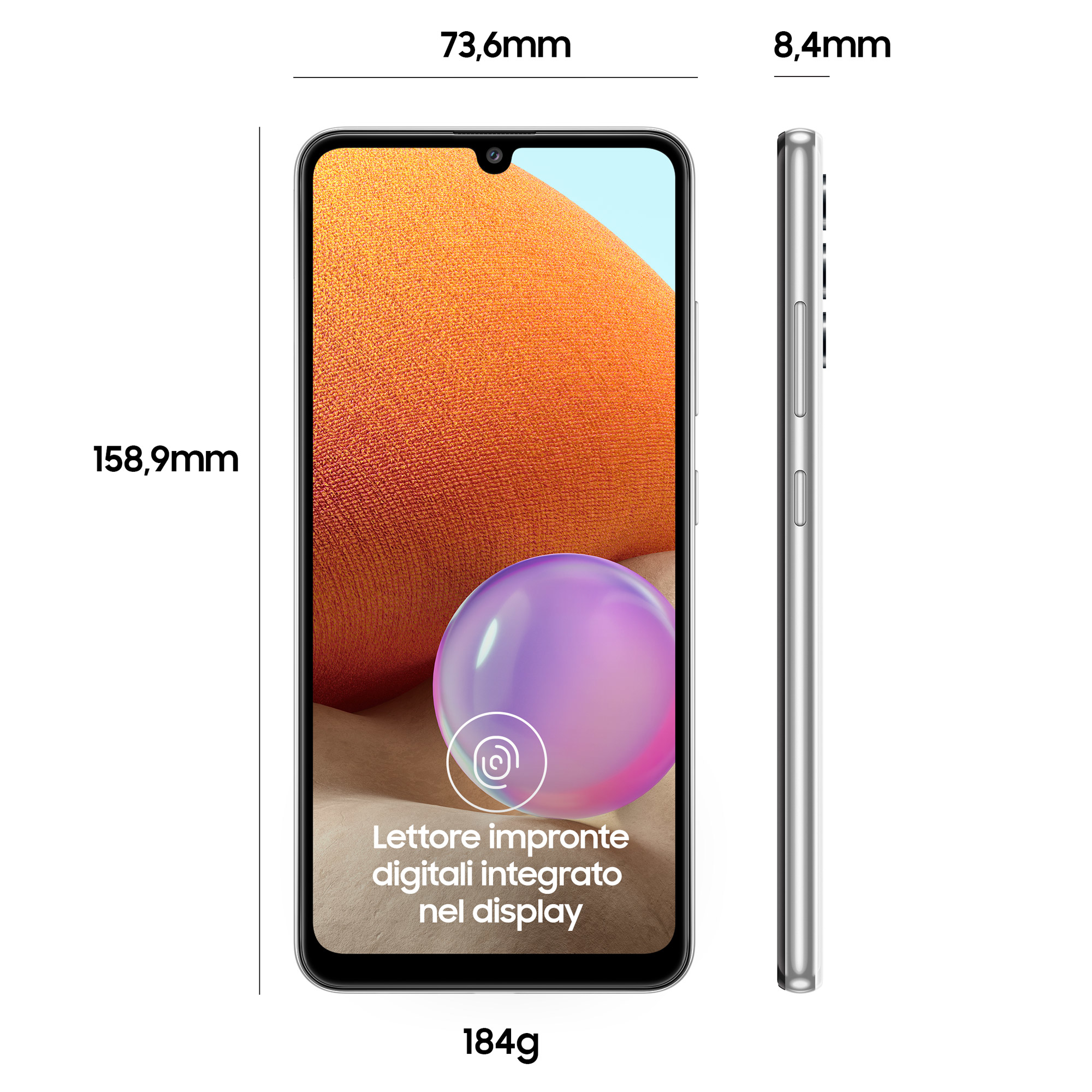 Smartphone mit orange-blauem Bildschirm. Abmessungen und Gewicht angezeigt. Weißer Hintergrund.