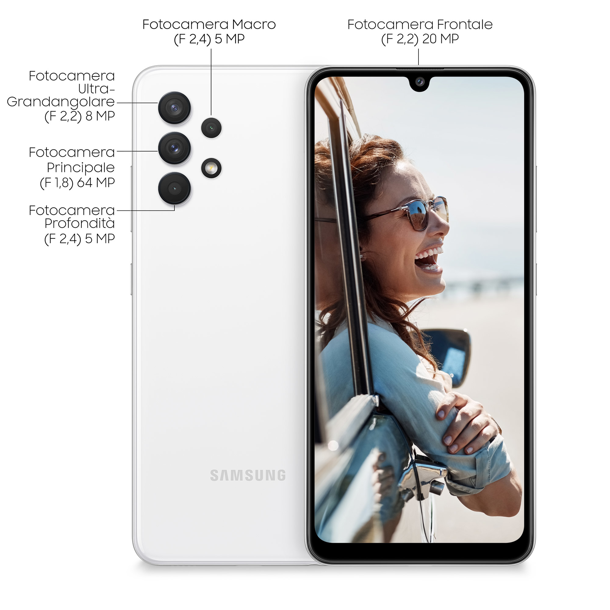 Rückseite eines weißen Smartphones mit mehreren Kameras. Frau lächelt im Auto.