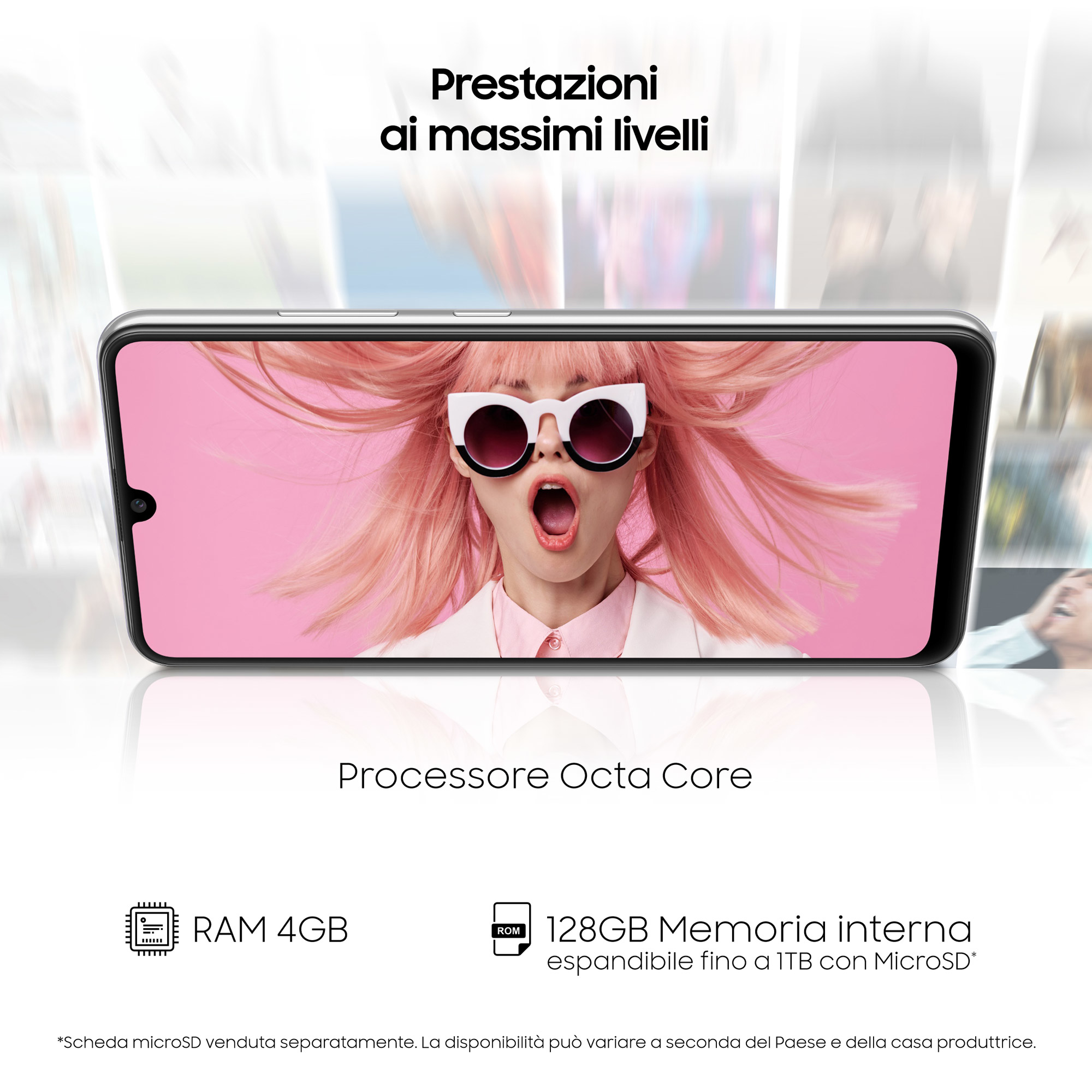 Smartphone mit Großbildschirm, zeigt ein Frauen-Gesicht. Text auf dem Bildschirm und unten beschreibt Funktionen.
