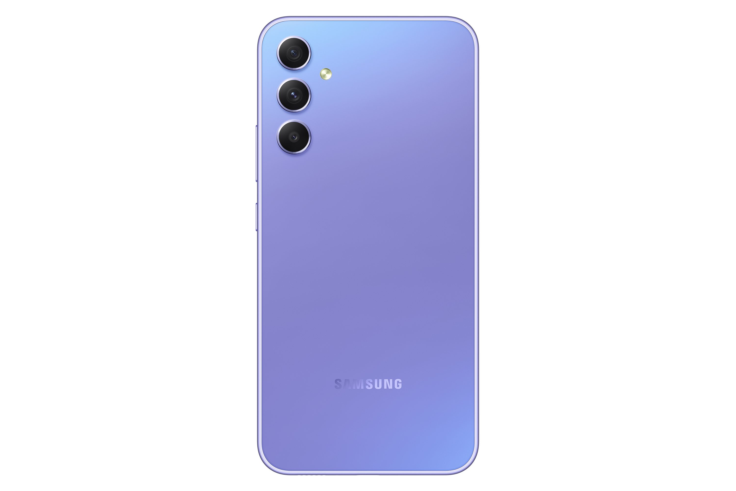 Paarse telefoon achterkant, drie camera's. Samsung logo onderaan. Witte achtergrond.