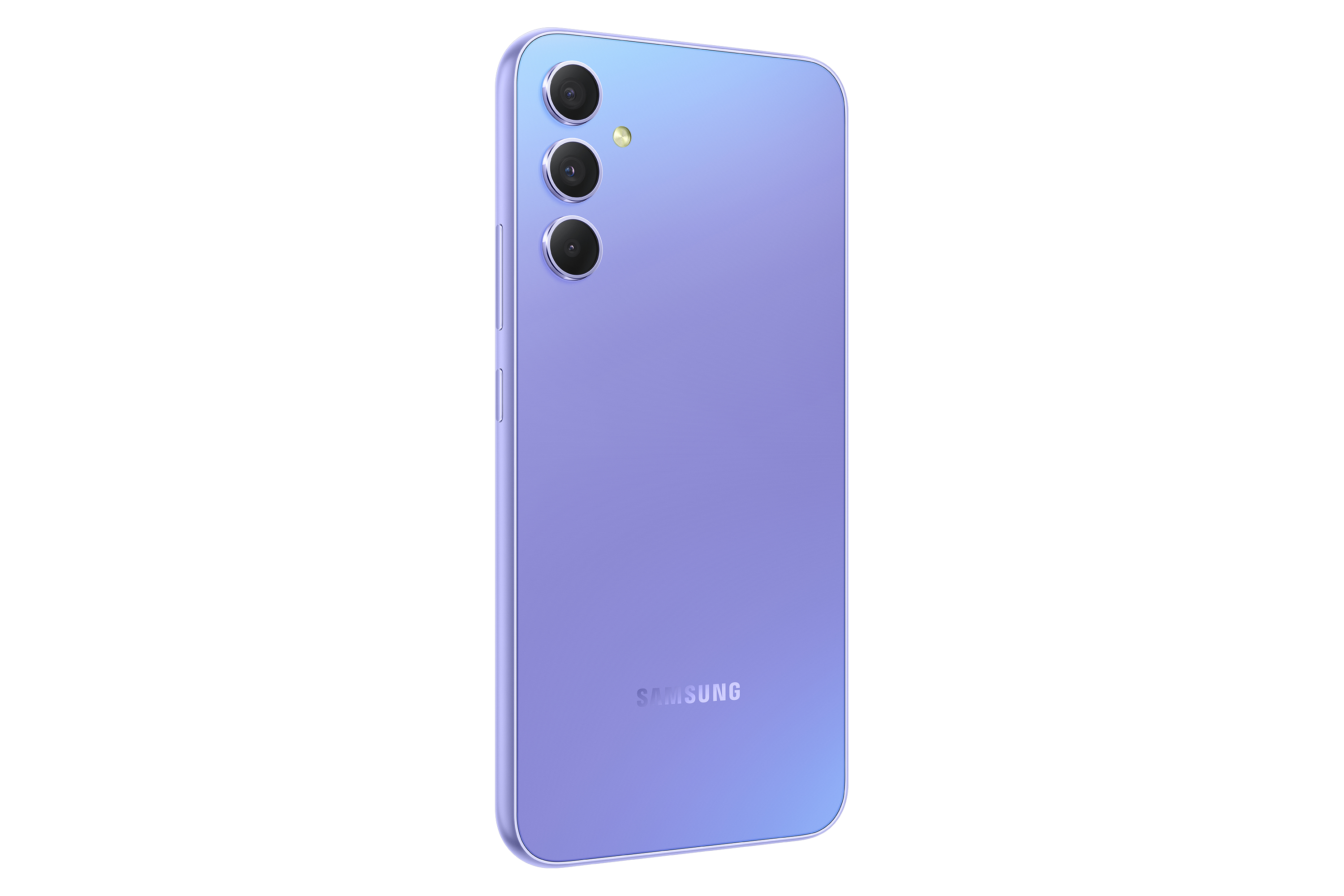 Paarse Samsung telefoon, achteraanzicht. Voorzien van drie camera's en het Samsung logo op witte achtergrond.