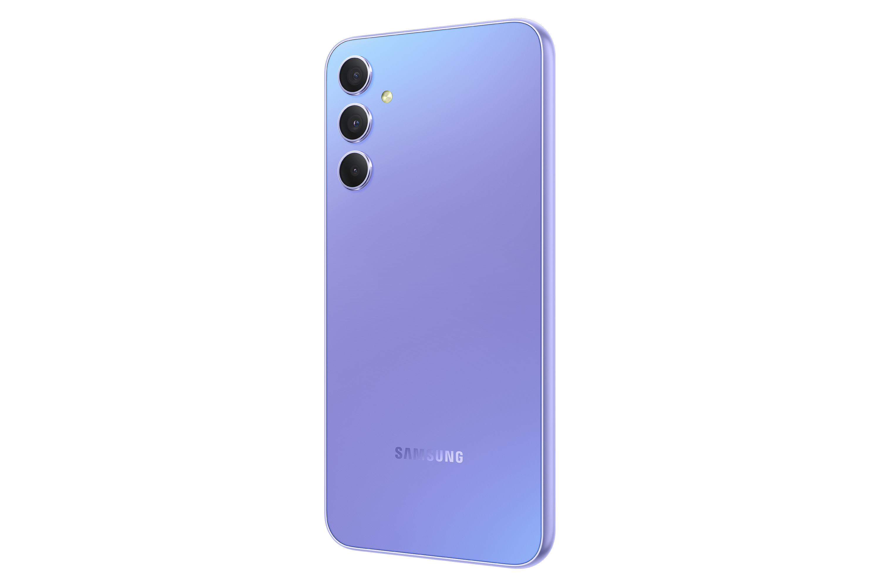 Paarse smartphone achterkant. Drie camera's, Samsung logo. Witte achtergrond.