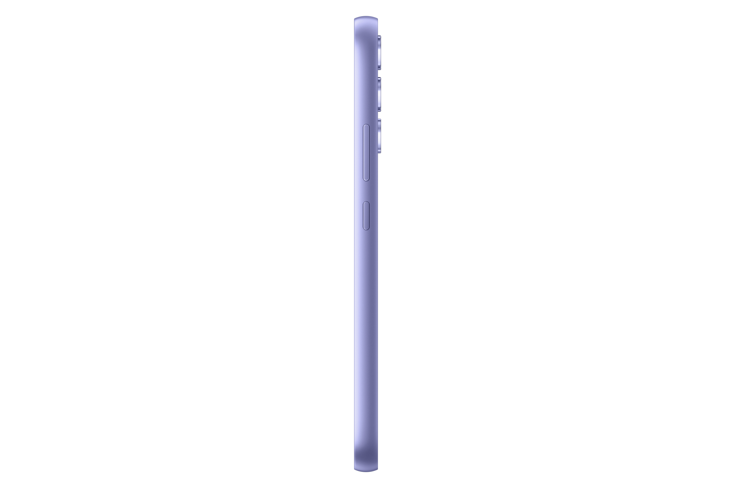 Zijaanzicht van een paarse smartphone, met de zijknoppen, volume en aan/uit, op een witte achtergrond.
