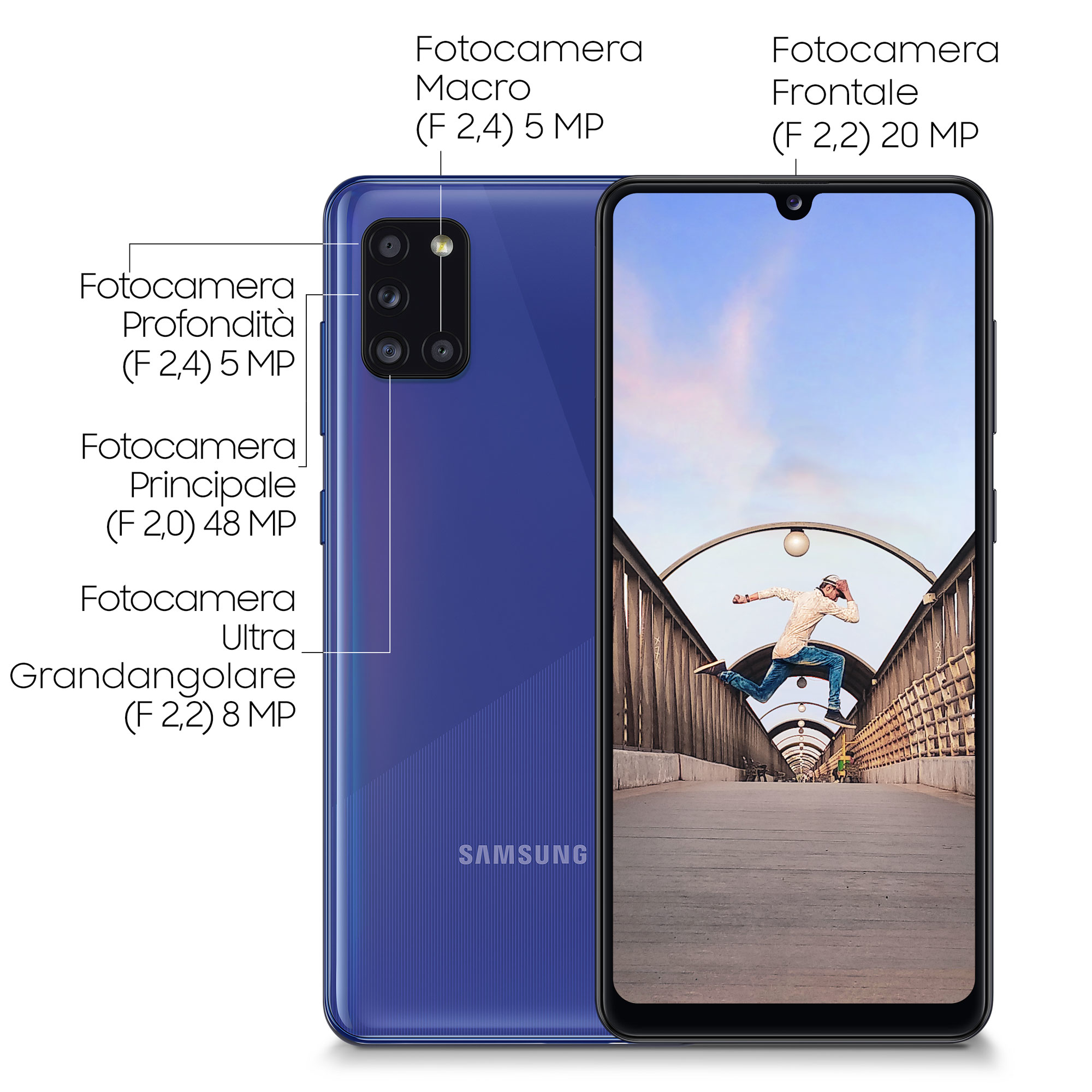 Niebieski telefon Samsung z aparatami i adnotacjami. Izolowane na białym tle.