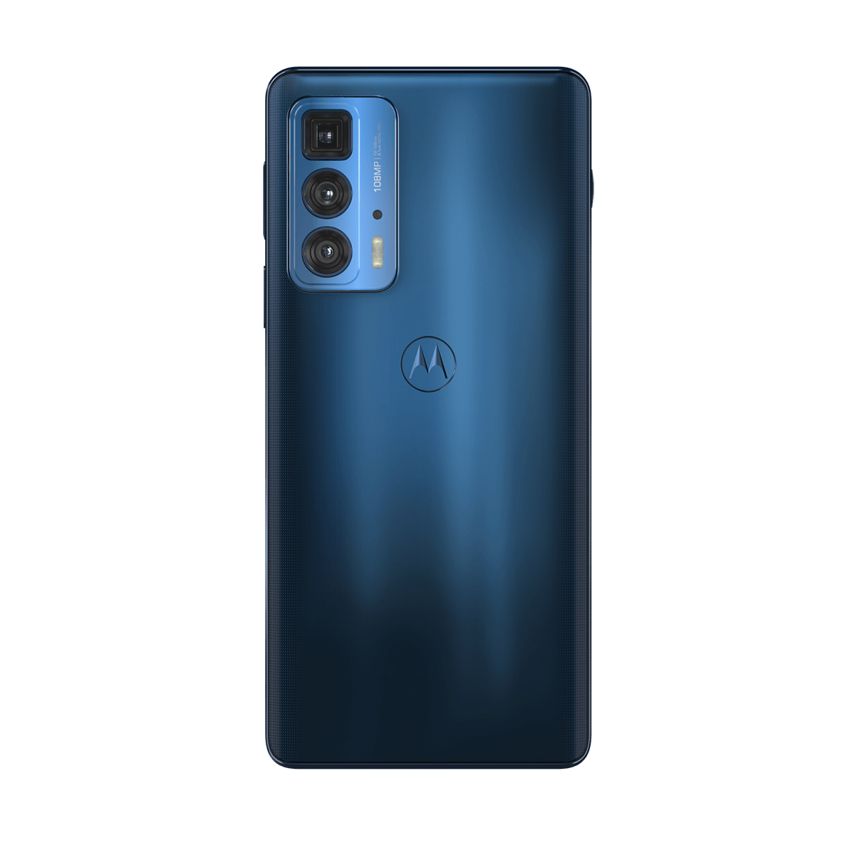 Un smartphone azul, vista trasera, con el logotipo de Motorola y configuración de triple cámara.