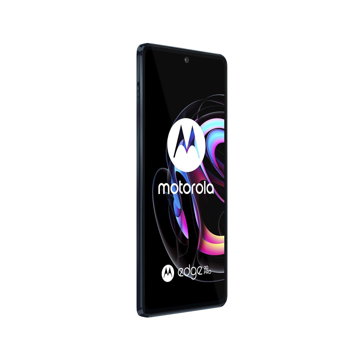 Teléfono negro con el logotipo de Motorola y el texto Edge 20 Pro en la pantalla. Fondo blanco.