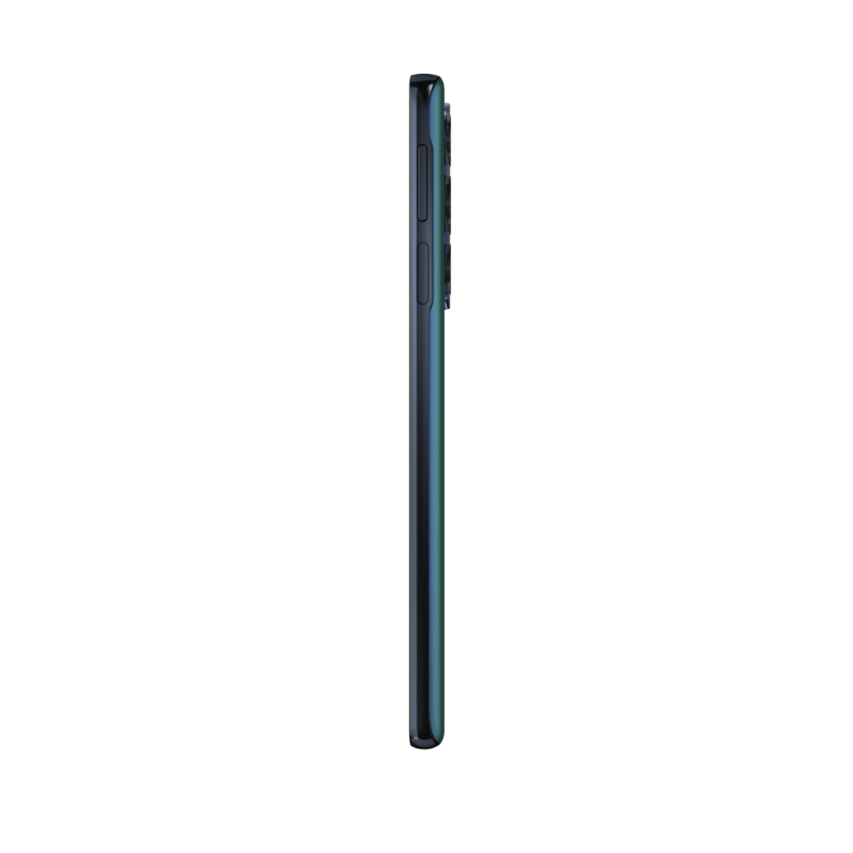 Vue latérale d'un smartphone vert-bleu foncé avec des boutons, montrant son profil élégant.