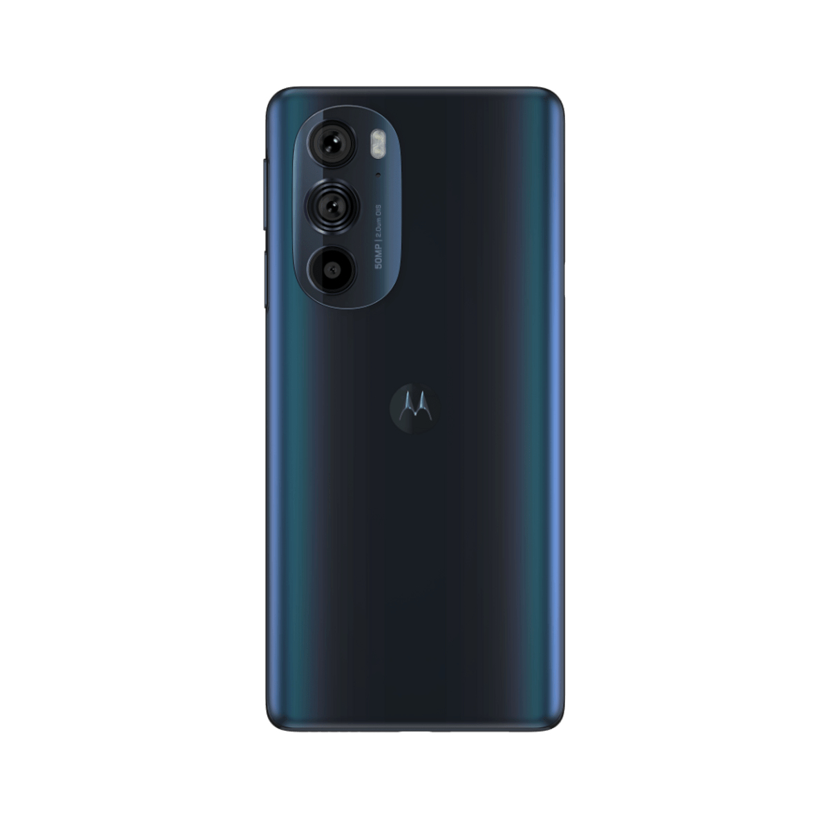 Dos de téléphone noir. Trois caméras en rangée, logo Motorola et une finition dégradée bleu foncé.