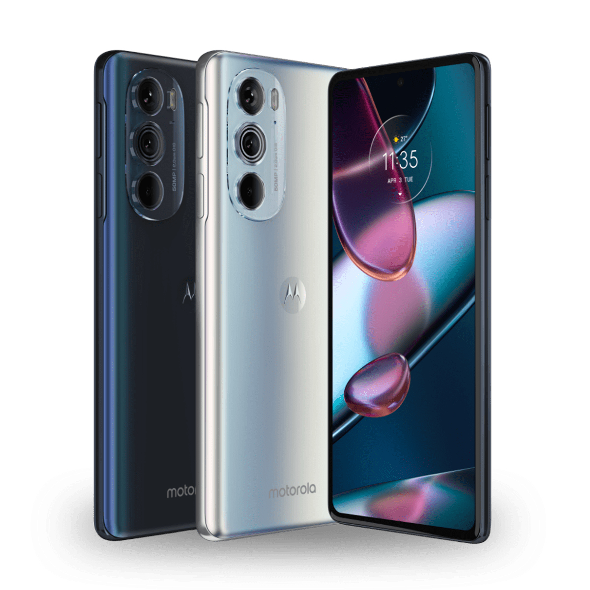 Trois smartphones, deux bleu foncé et un argenté, sur une surface blanche.