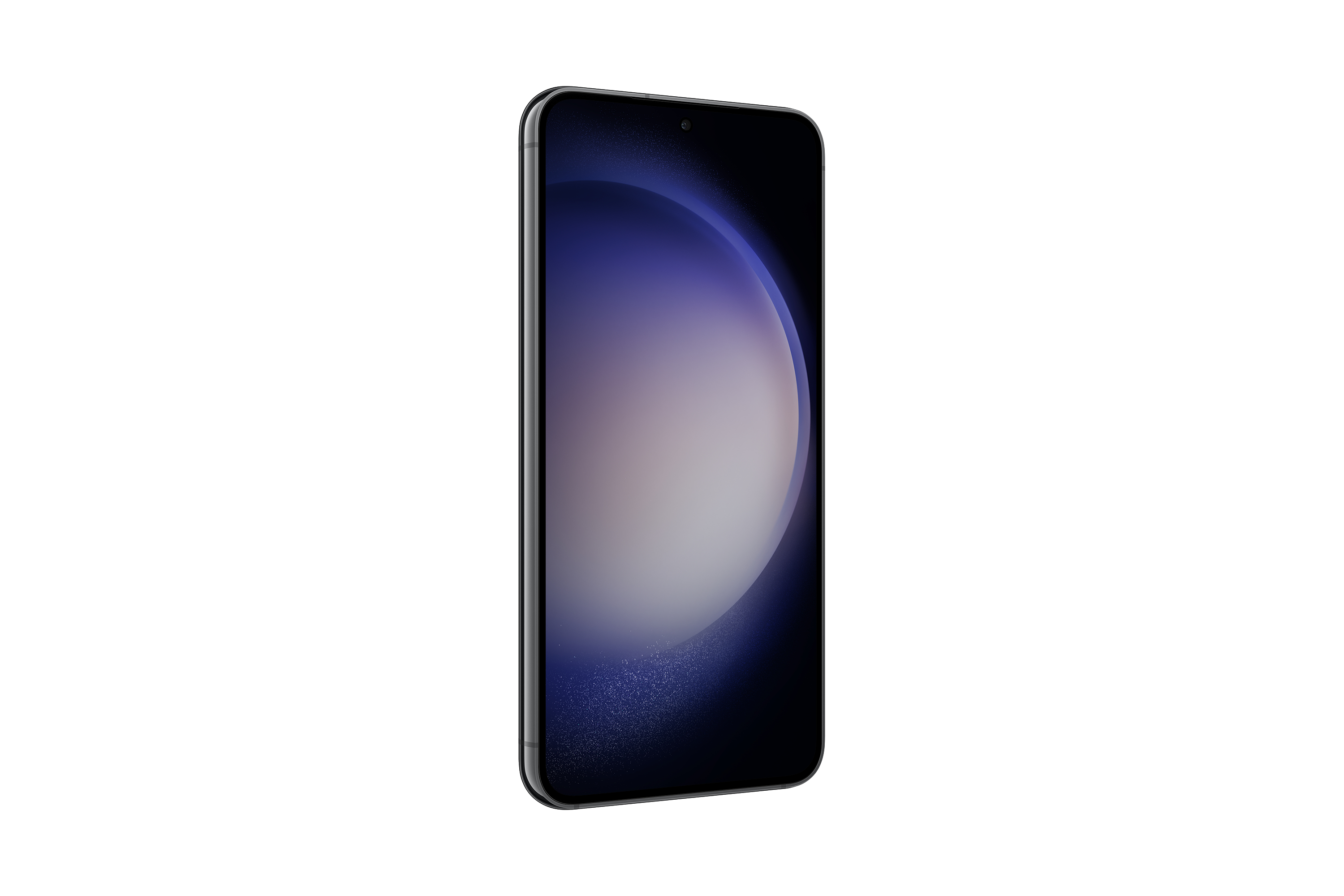 Ein Smartphone mit einem gebogenen Display, das einen Farbverlauf aus Lila, Blau und Weiß zeigt.
