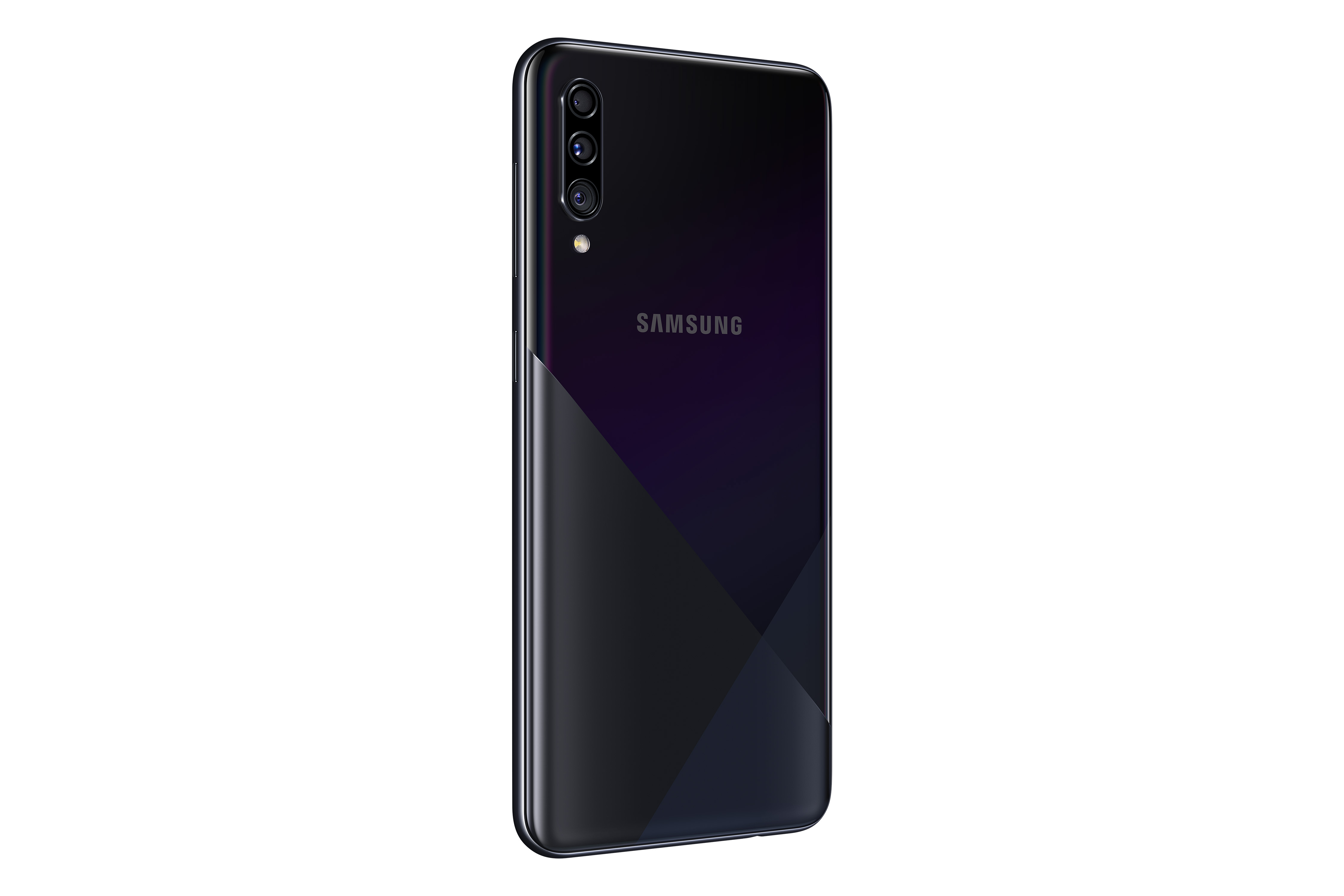 Schwarzes Samsung-Handy hinten mit Dreifach-Kamera. Lila Akzent unten.