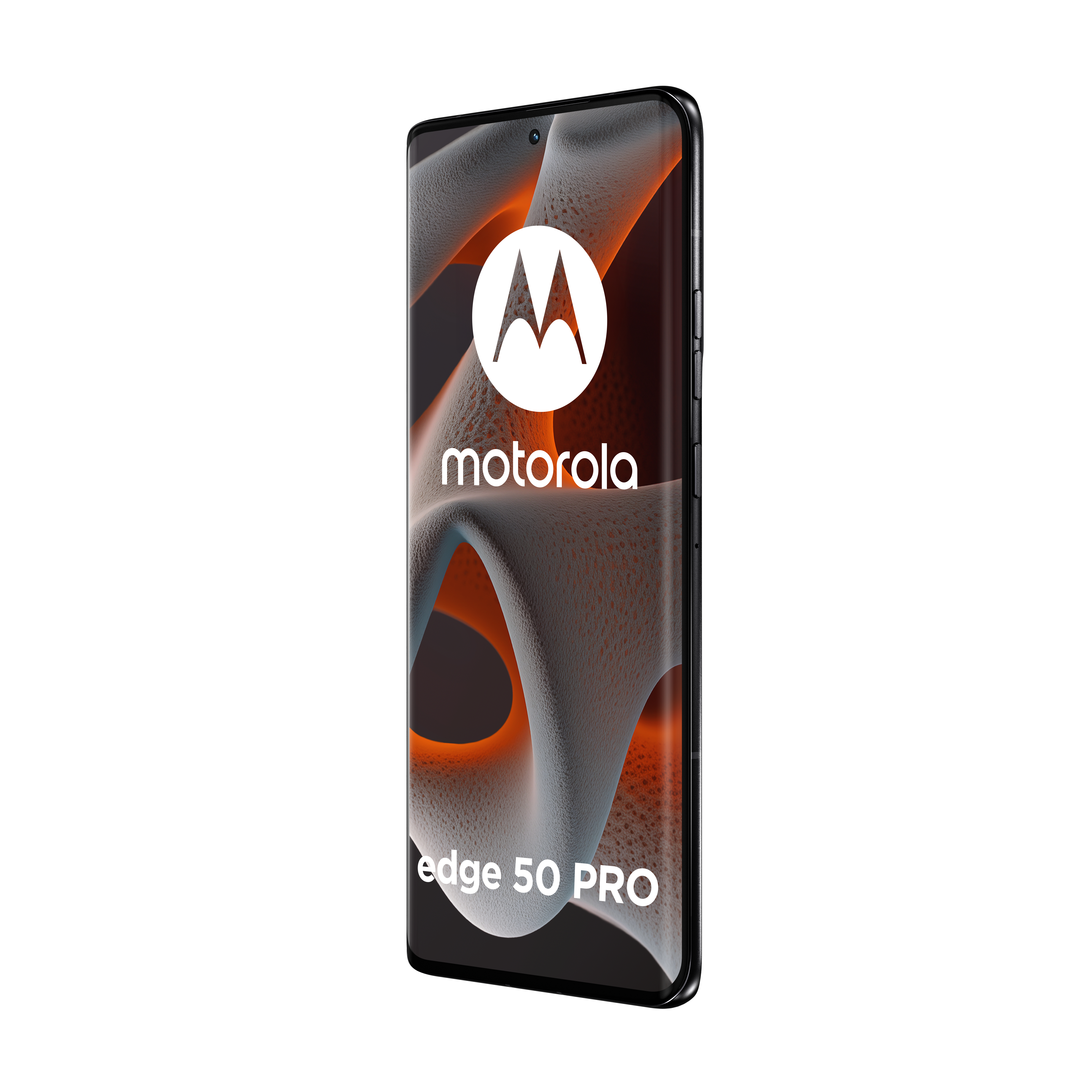 Smartfon Motorola Edge 50 Pro, czarny korpus, białe logo, z falistym pomarańczowym tłem.