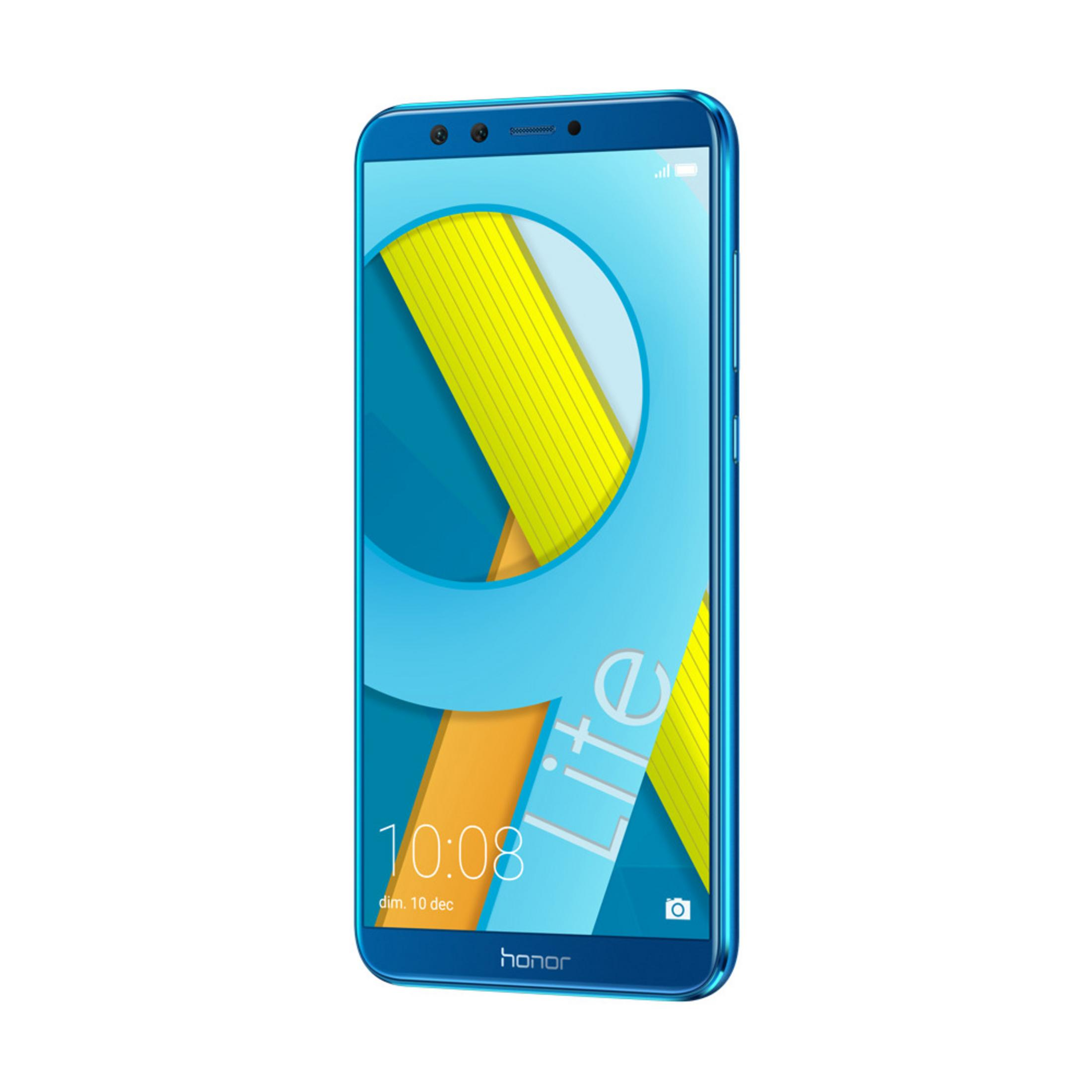 Ein blaues Smartphone mit modernem Design, das die Vorderseite und einen Teil des Bildschirms mit Logo zeigt, auf weißem Grund.