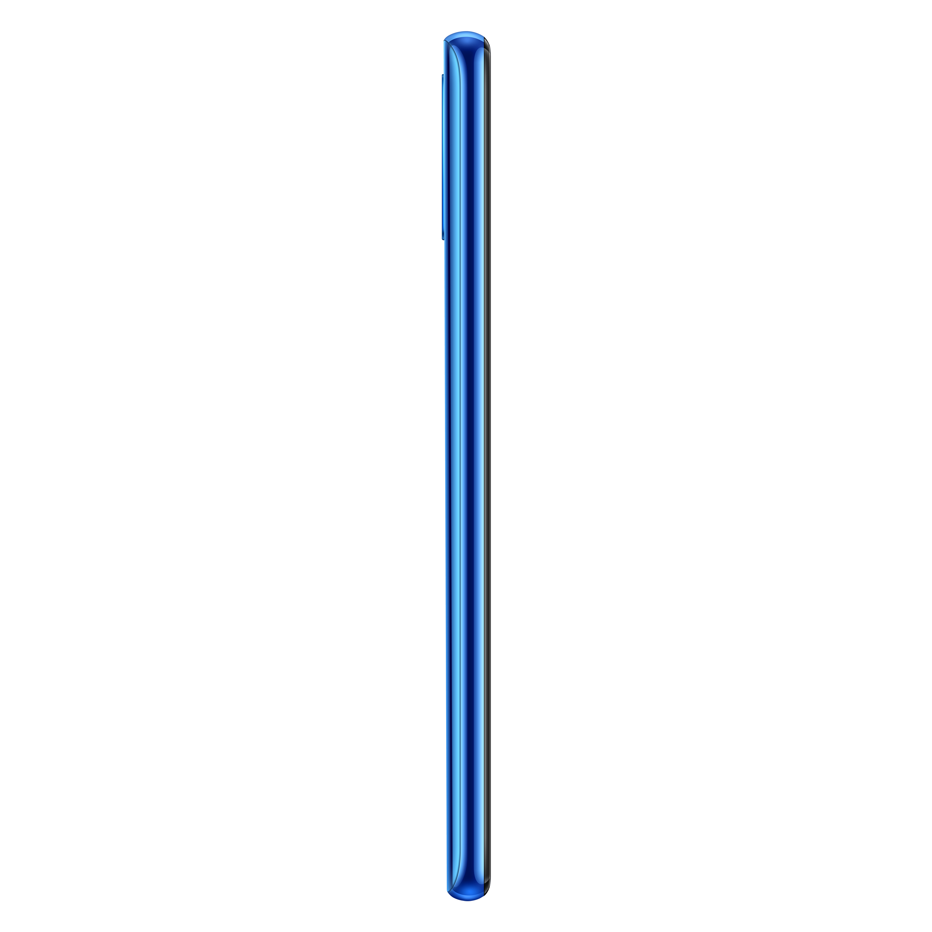 Blaue Telefonseitenansicht. Weißer Hintergrund.