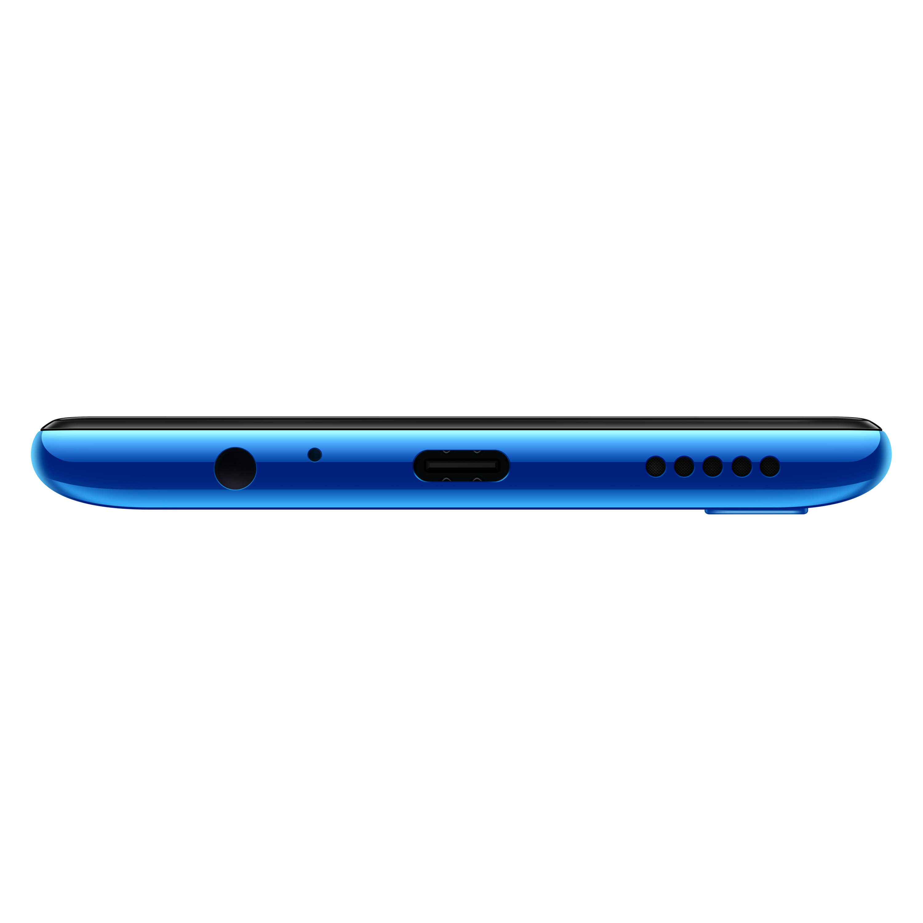 Blaue Telefonunterseite mit Kopfhöreranschluss, Ladeanschluss und Lautsprecherlöchern. Isoliert.