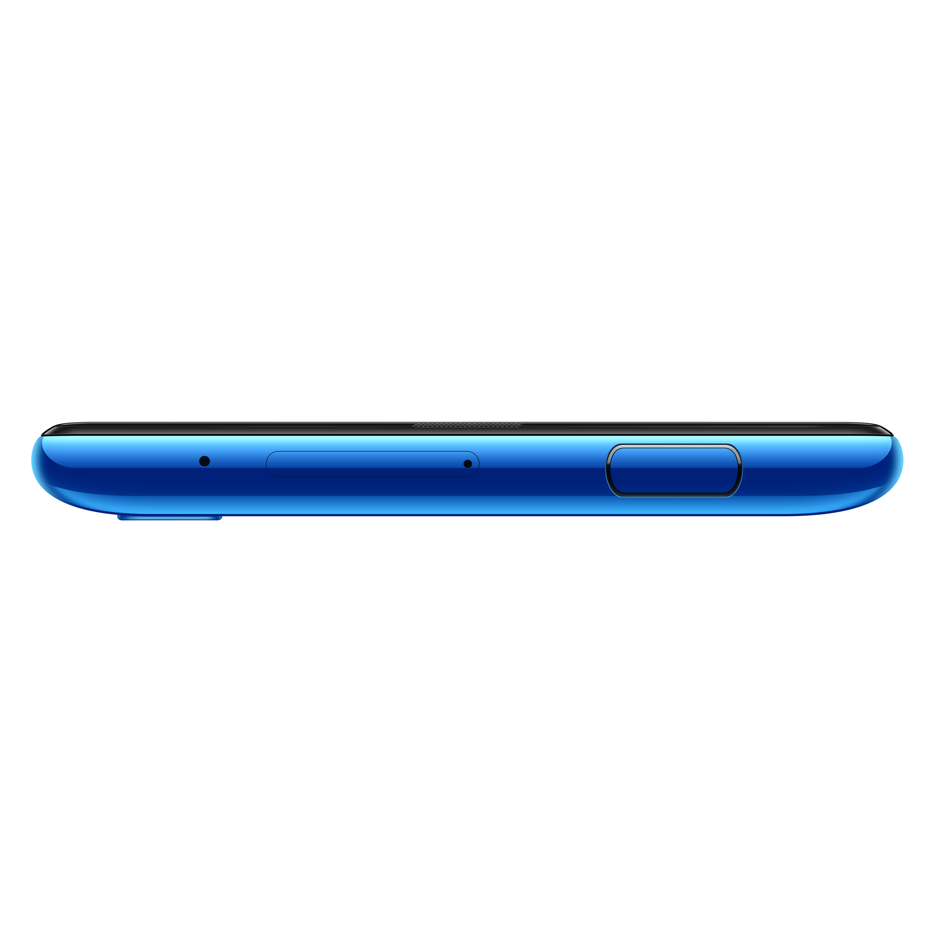 Die Unterseite eines blauen Smartphones, mit Ladeanschluss und anderen Öffnungen.