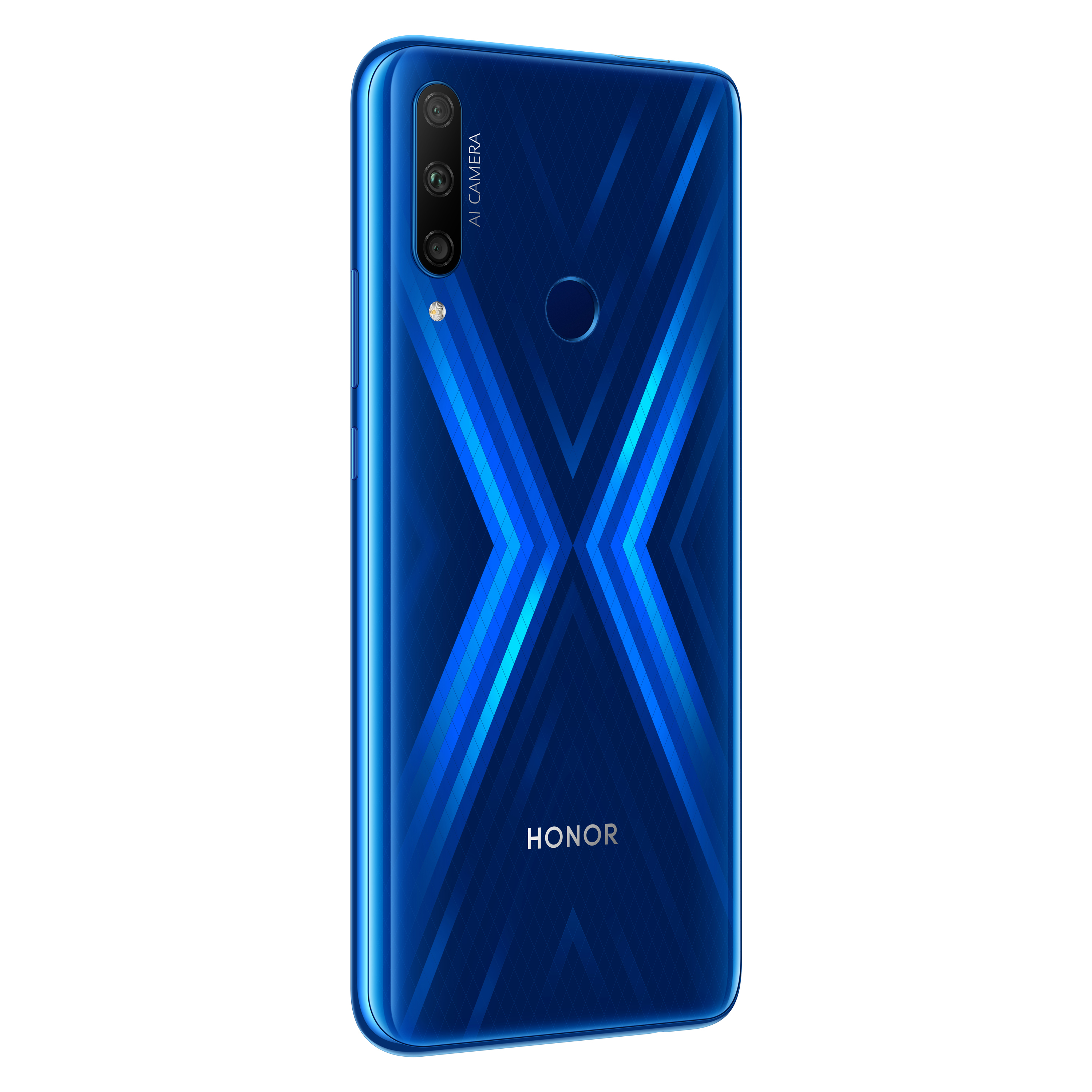 Blaues Telefon mit Kreuzmuster auf der Rückseite.