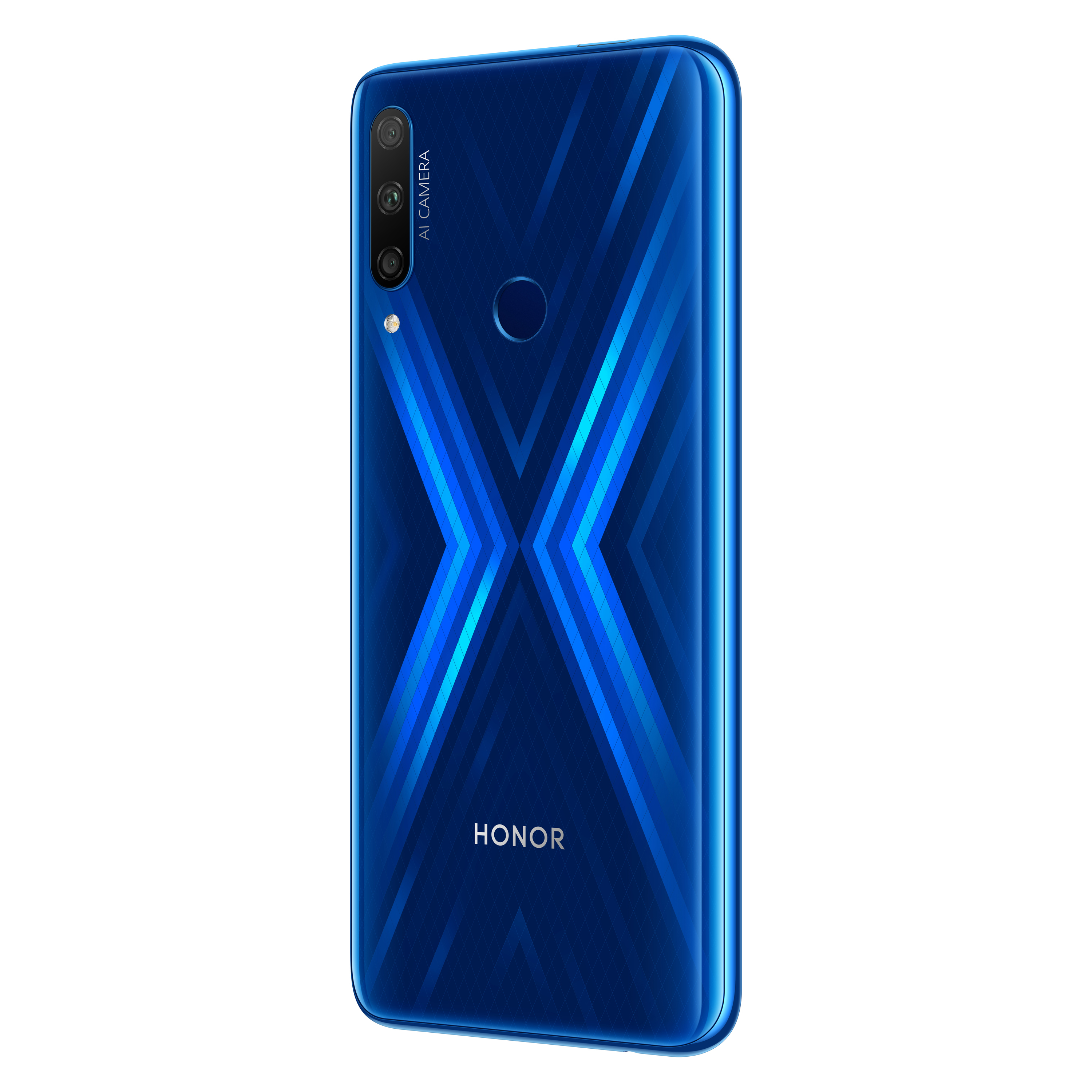 Blaue Telefonrückseite mit drei Kameras in einer Reihe, HONOR-Logo.