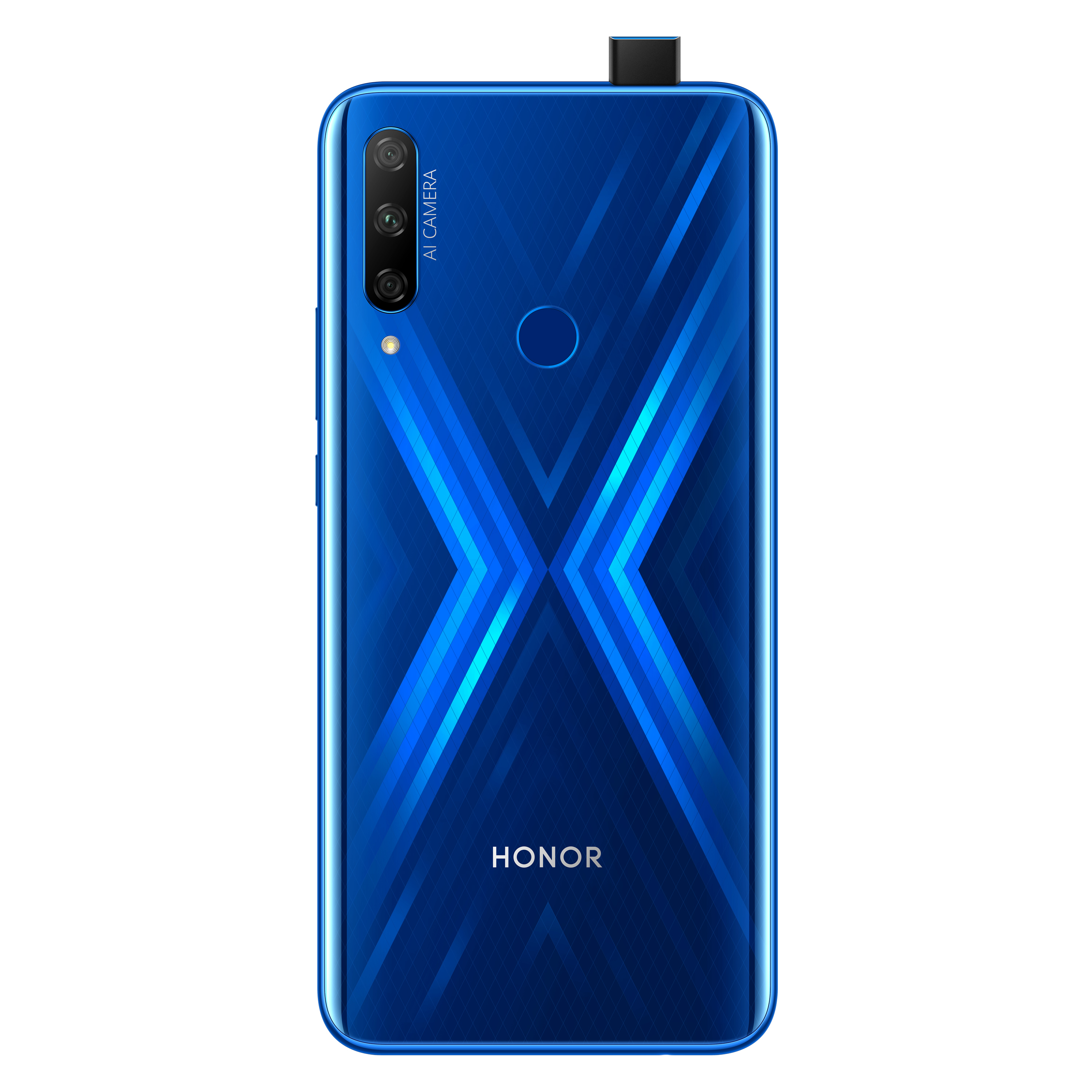 Blaues Telefon zurück. Drei Kameras, HONOR-Logo. Weißer Hintergrund.