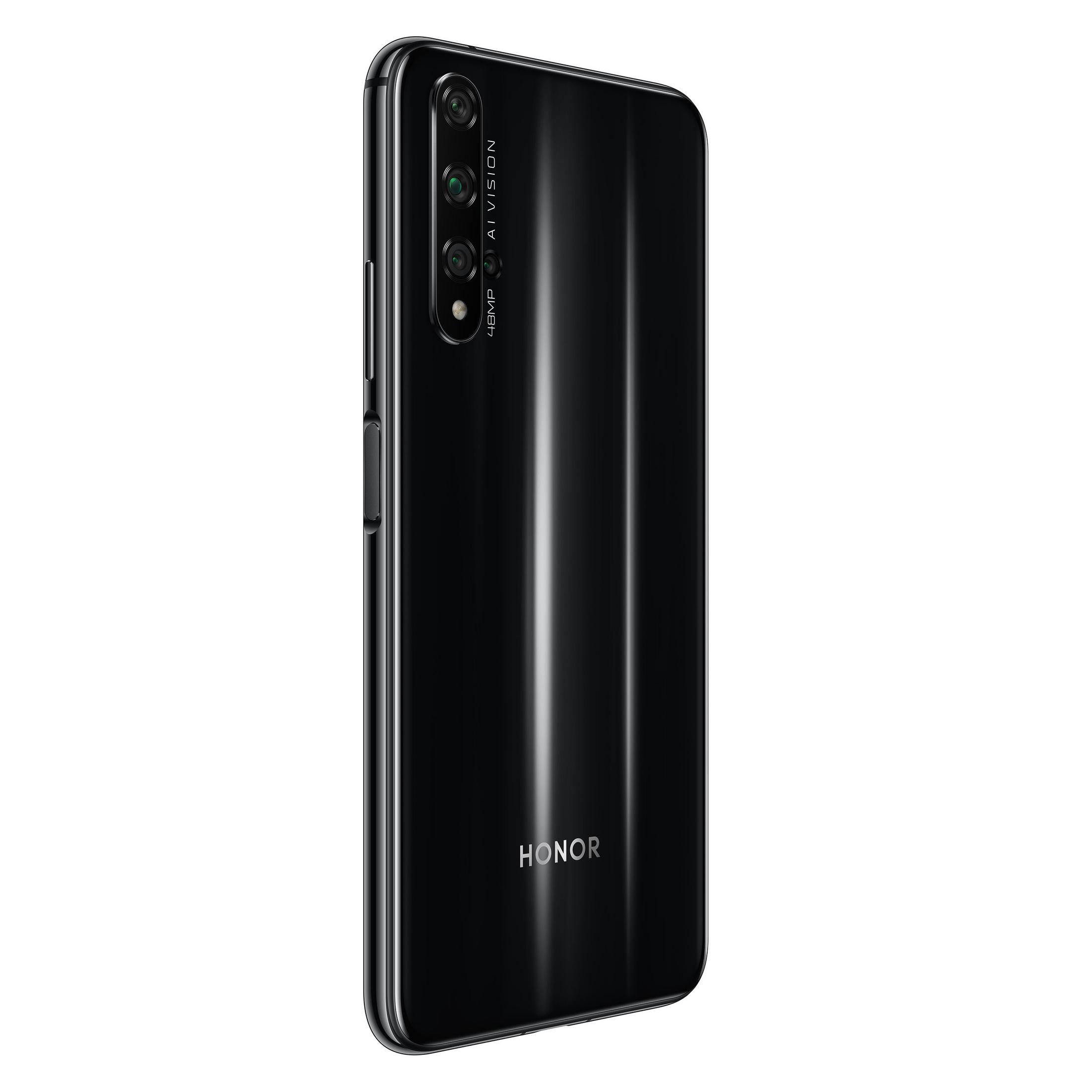 Schwarzes HONOR-Telefon, Rückansicht mit Kameras. HONOR-Logo. Weißer Hintergrund.