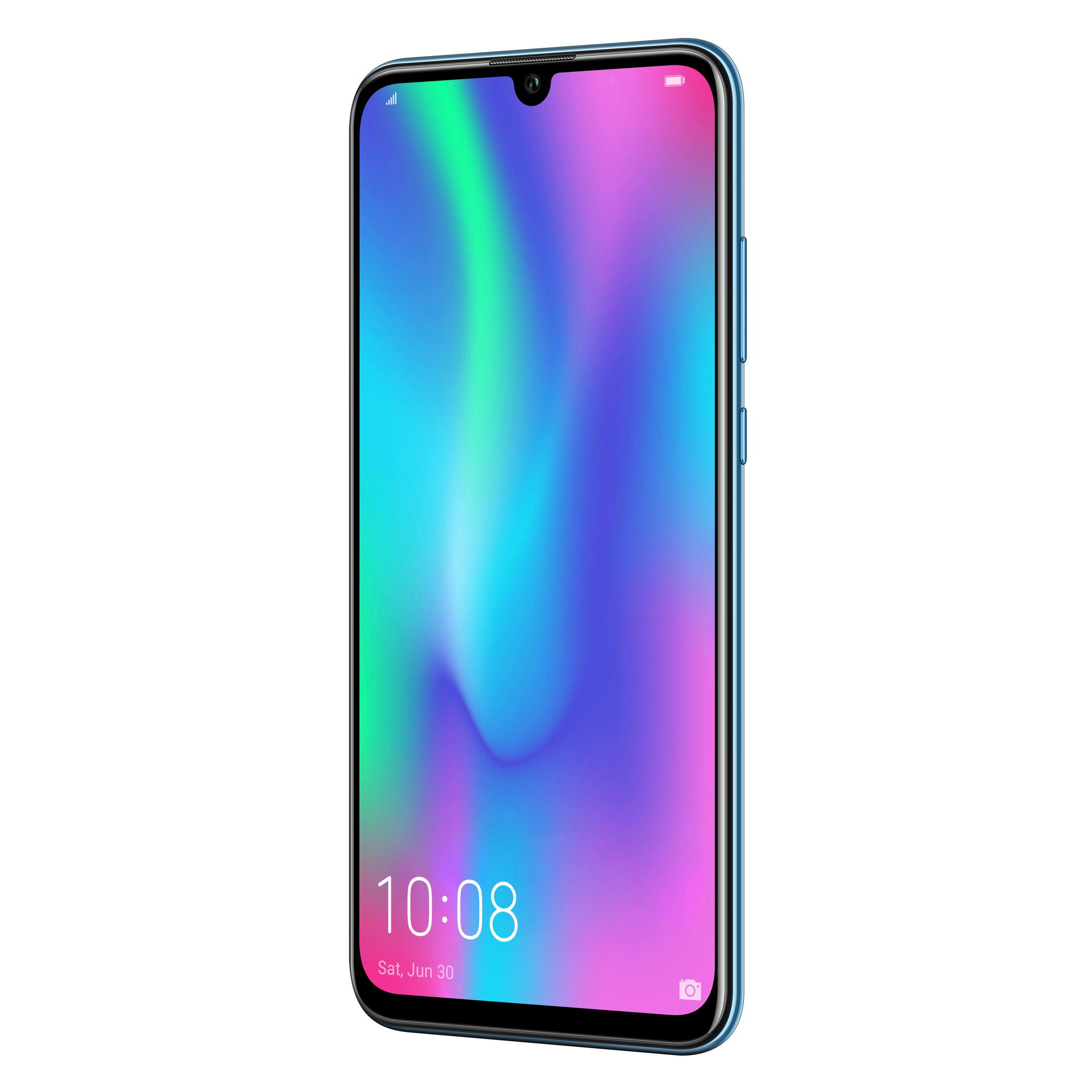 Blaues Telefon mit farbenfrohem Bildschirm, Uhrzeit 10:08 Uhr.