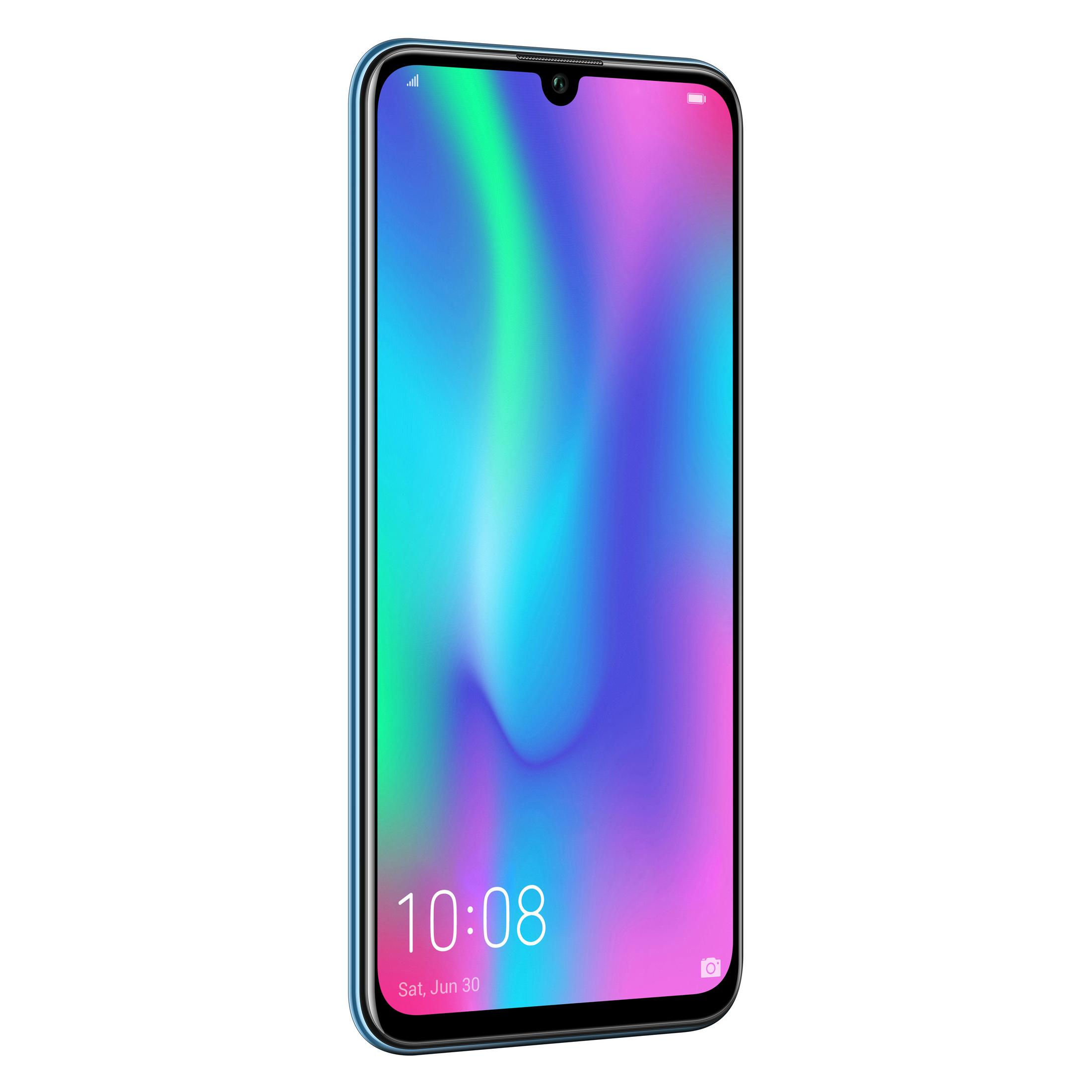 Honor-Telefon mit farbenfrohem Display, zeigt 10:08 Uhr und Datum, blauer Rahmen um den Bildschirm.